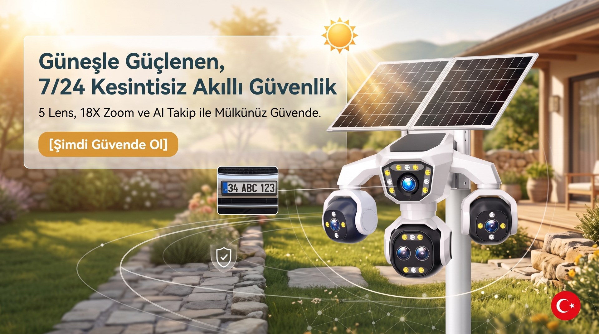 5 Kameralı Güneş Enerjili 18X Optik Zoom Solar Panelli Profesyonel Dış Mekân Güvenlik Kamerası 100TT