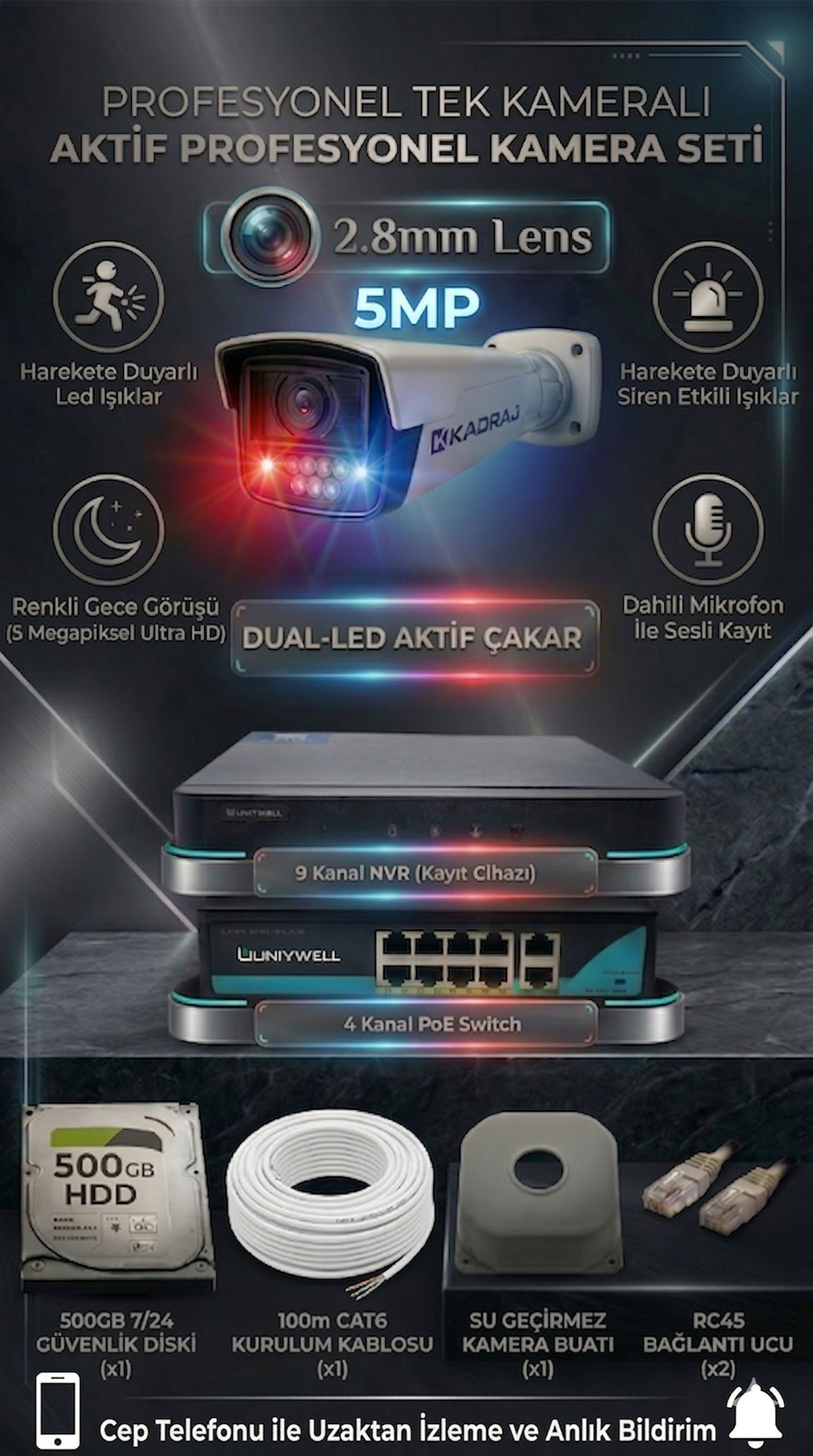 Kadraj 1 Kameralı DUAL Led IP Kamera Seti - Çakarlı - Renkli Gece Görüşü - Harekete Duyarlı (Bildirim, Aydınlatma, Çakar) - Sesli