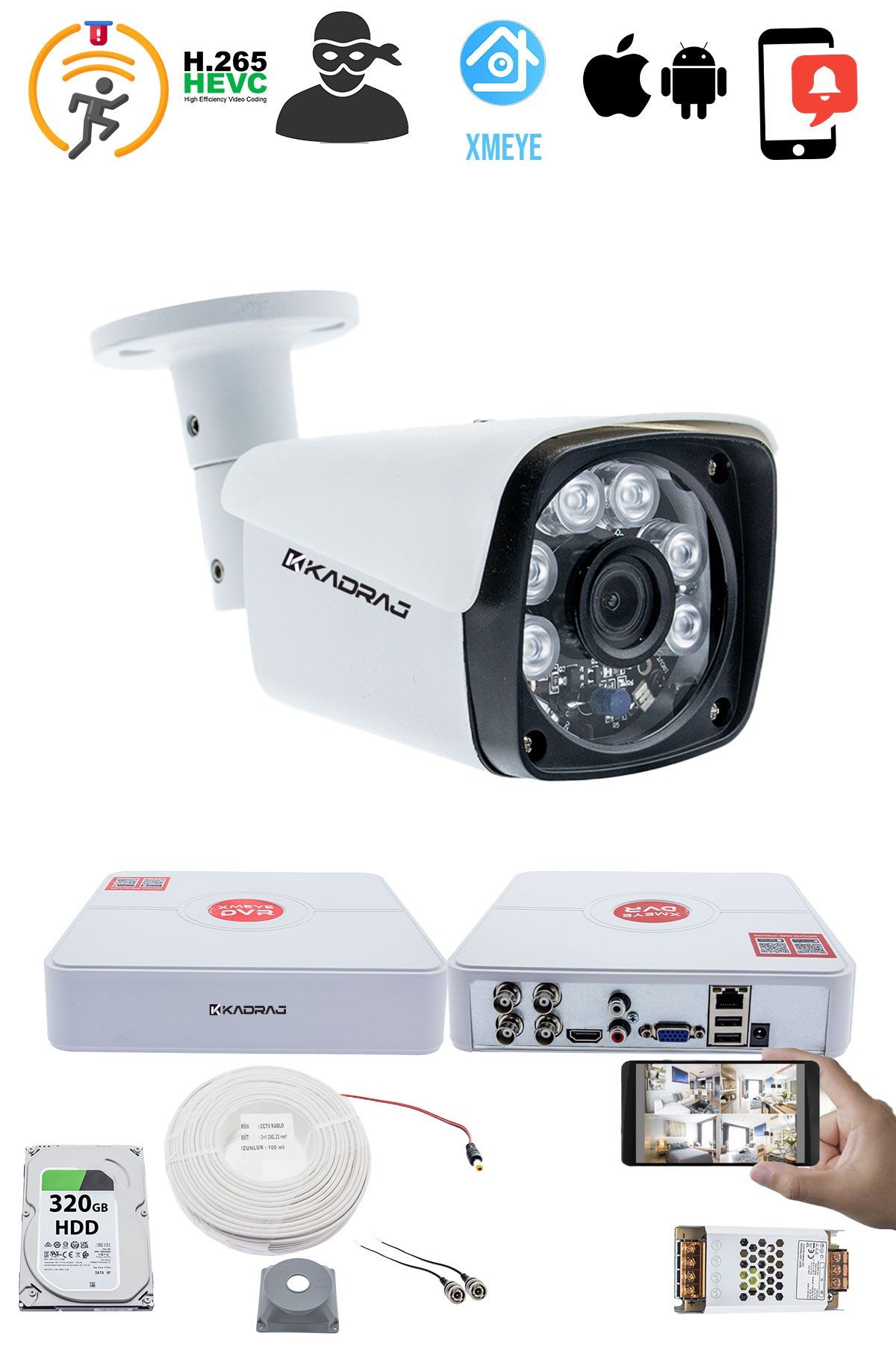 Kadraj 1 Kameralı Güvenlik Kamerası Seti - 5MP Sony SecuLens, 6 Atom LED, 1080P Full HD AHD, Gece Görüşlü, Metal Kasa - görsel 2