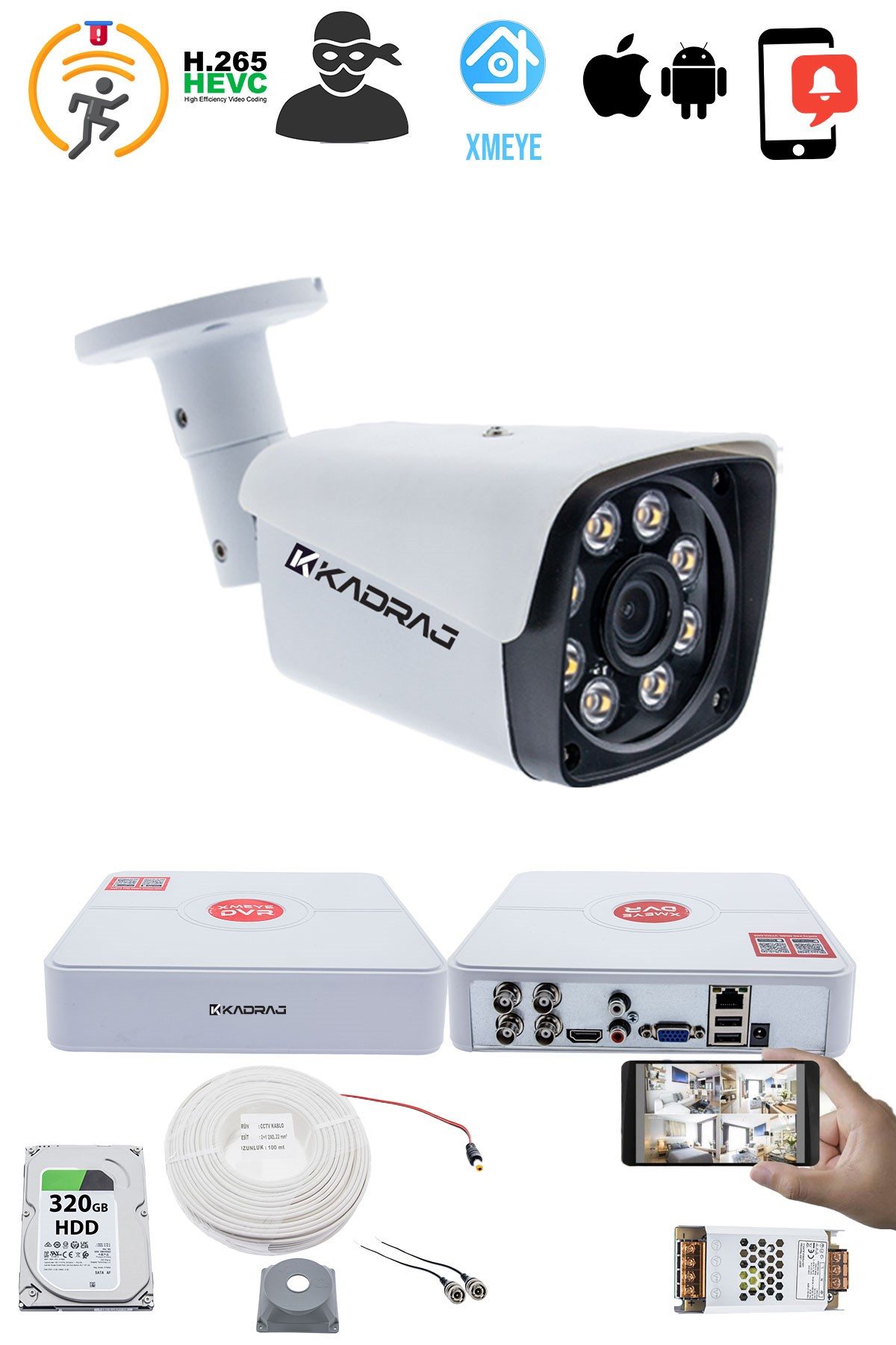 Kadraj 1 Kameralı Güvenlik Kamerası Seti - 5MP Sony SecuLensli 1080P Full HD AHD, Gece Renkli, 8 Ultra Warm LED, Colorvu Teknolojisi, Metal Aluminyum Kasa - görsel 2