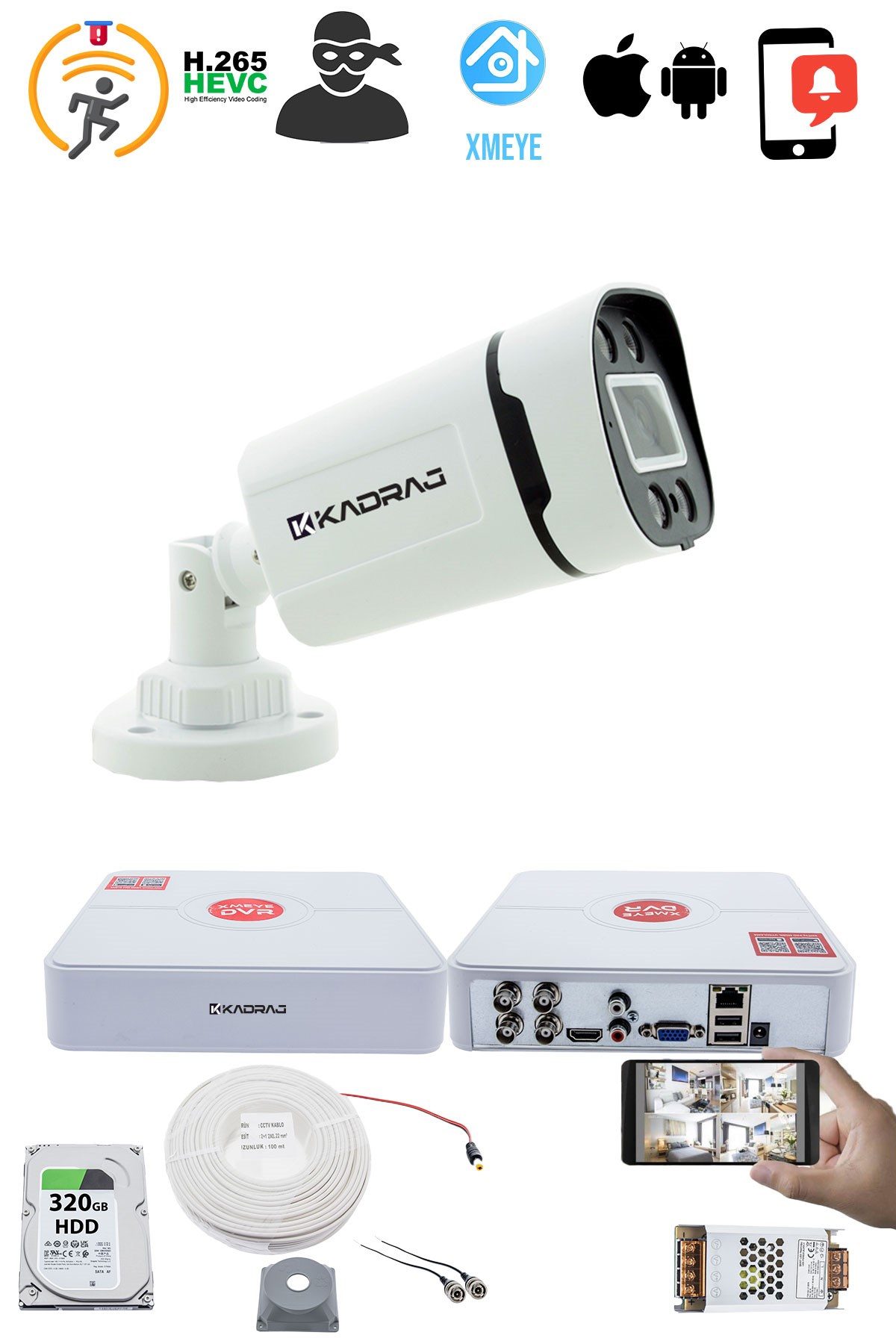 Kadraj 1 Kameralı Güvenlik Kamerası Seti - Gece Renkli 5MP Sony SecuLensli 1080P Full HD AHD, 4 Warm LED, Colorvu - Plastik Kasa - görsel 2