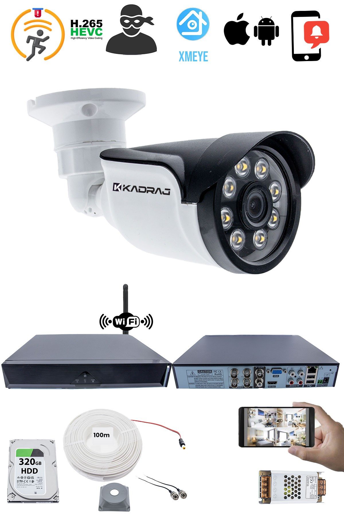 Kadraj 1 Kameralı Güvenlik Seti - 5MP Sony SecuLens, 1080p AHD, 8 Warm LED, Gece Renkli Görüş, Full HD, 5MP DVR + WiFi Adaptörü, V1 - görsel 2