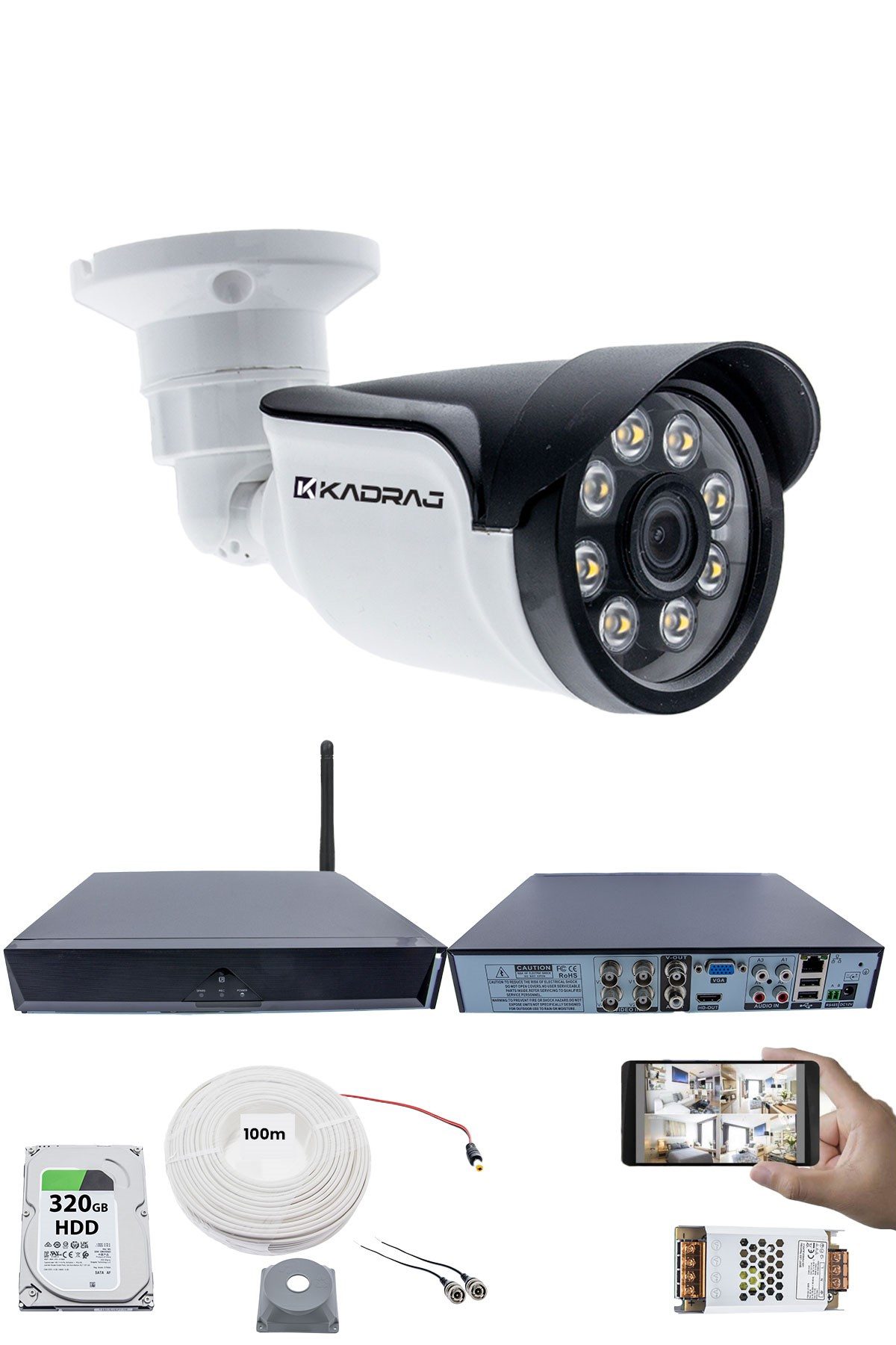Kadraj 1 Kameralı Güvenlik Seti - 5MP Sony SecuLens, 1080p AHD, 8 Warm LED, Gece Renkli Görüş, Full HD, 5MP DVR + WiFi Adaptörü, V1