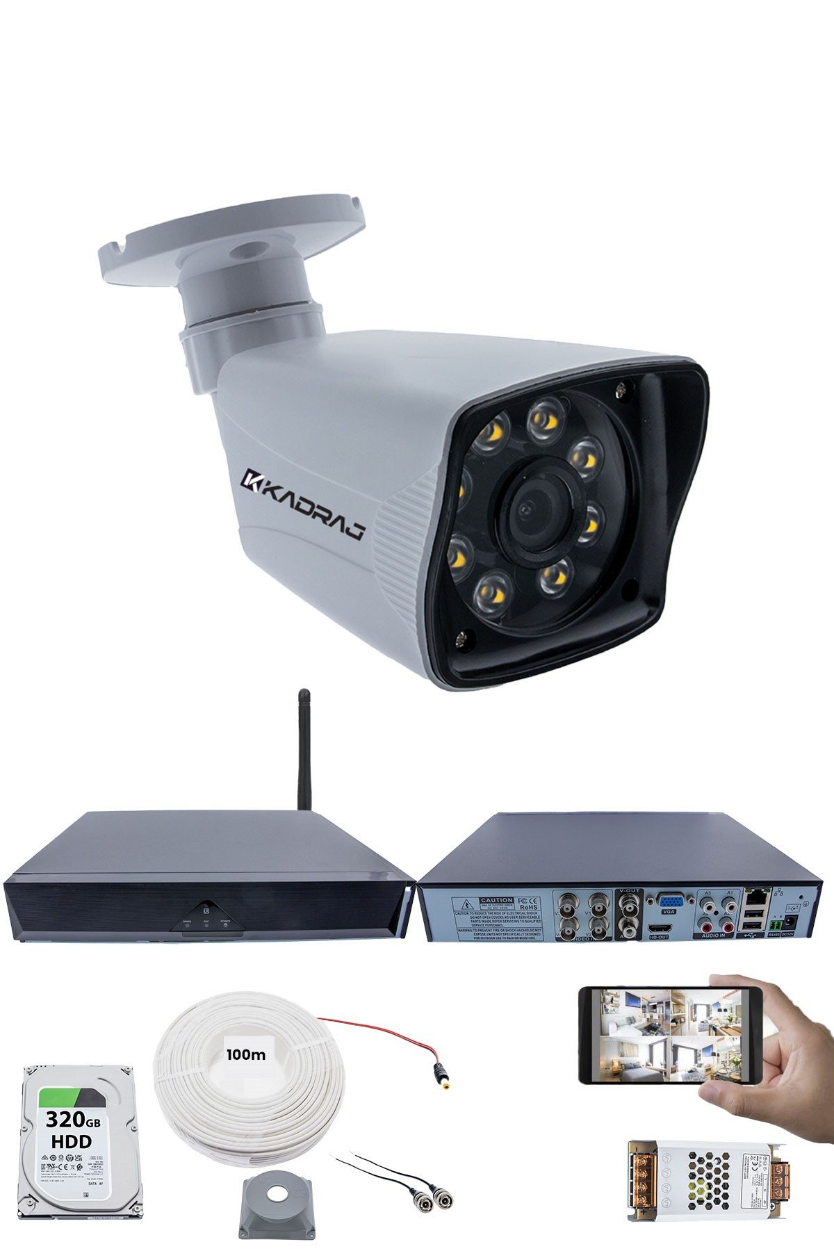 Kadraj 1 Kameralı Güvenlik Seti - 5MP Sony SecuLens, 1080p Full HD AHD, 8 Ultra Warm LED, Gece Renkli Görüş, 5MP DVR + WiFi Adaptörü, V1