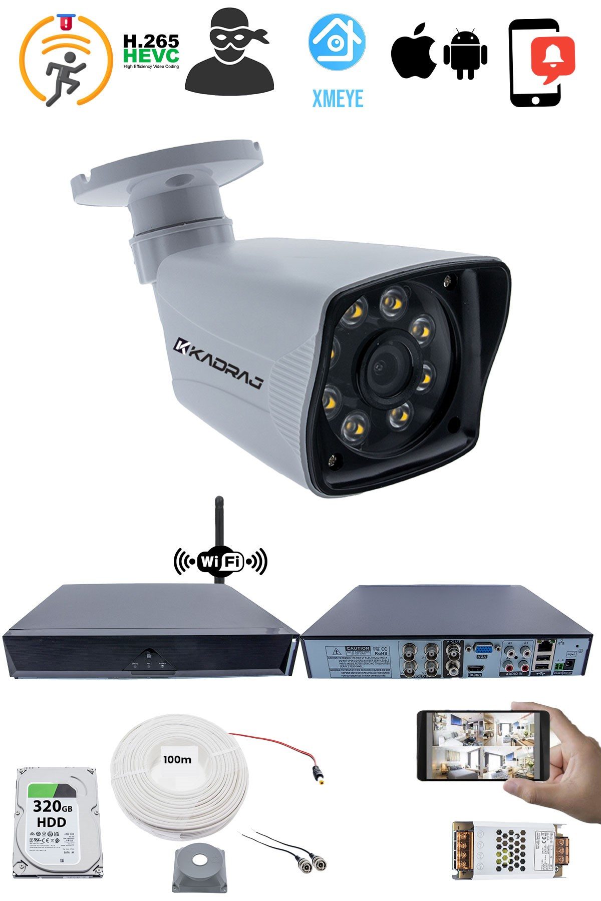 Kadraj 1 Kameralı Güvenlik Seti - 5MP Sony SecuLens, 1080p Full HD AHD, 8 Ultra Warm LED, Gece Renkli Görüş, 5MP DVR + WiFi Adaptörü, V1 - görsel 2