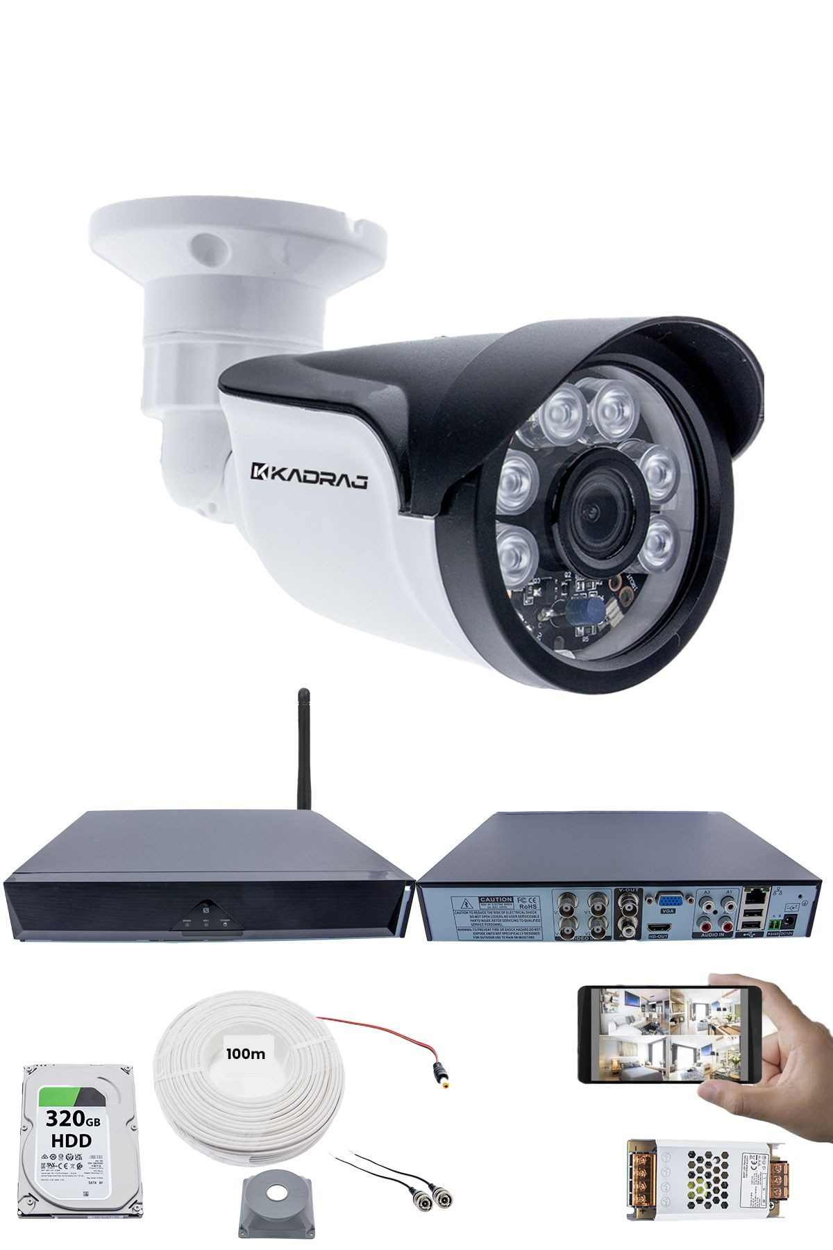 Kadraj 1 Kameralı Güvenlik Seti - 5MP Sony SecuLens, 1080p Full HD AHD, 6 Atom LED, Gece Görüşlü, IP66, 5MP DVR + WiFi Adaptörü, V1