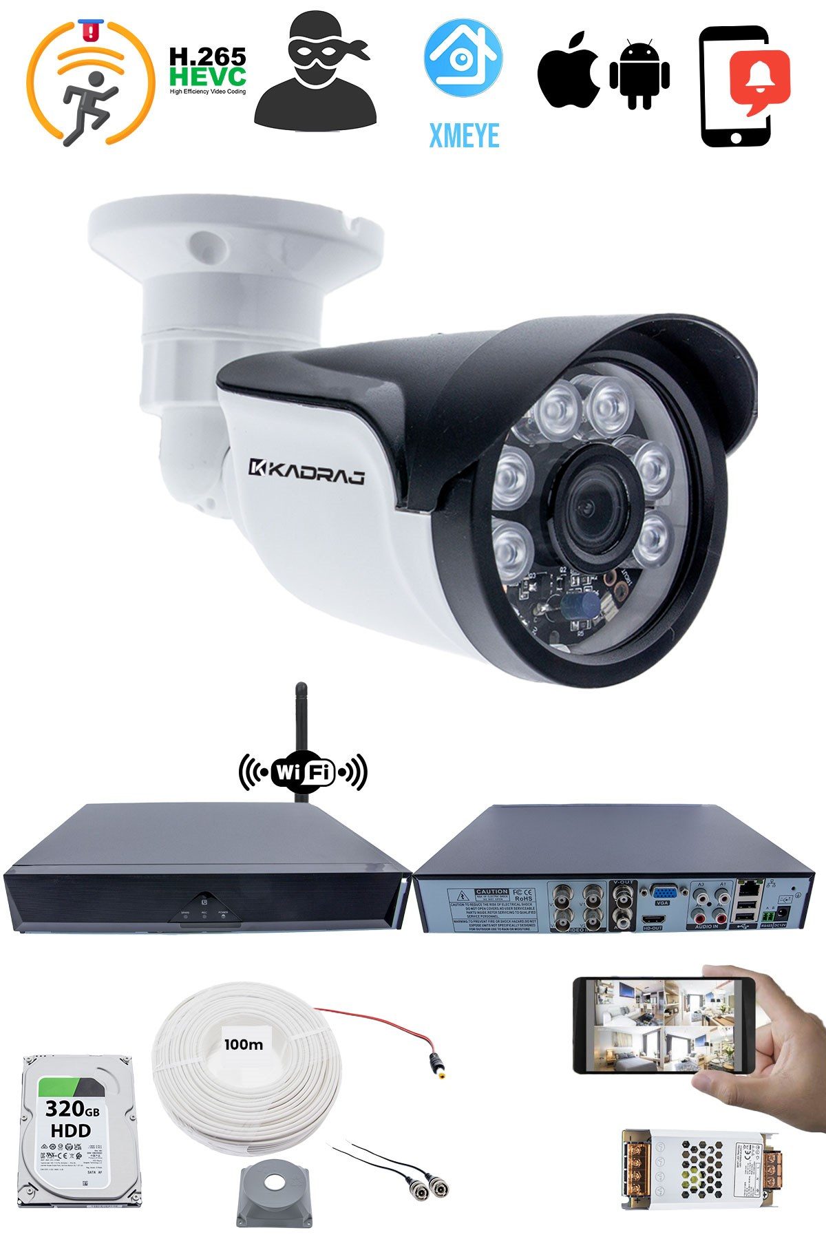 Kadraj 1 Kameralı Güvenlik Seti - 5MP Sony SecuLens, 1080p Full HD AHD, 6 Atom LED, Gece Görüşlü, IP66, 5MP DVR + WiFi Adaptörü, V1 - görsel 2