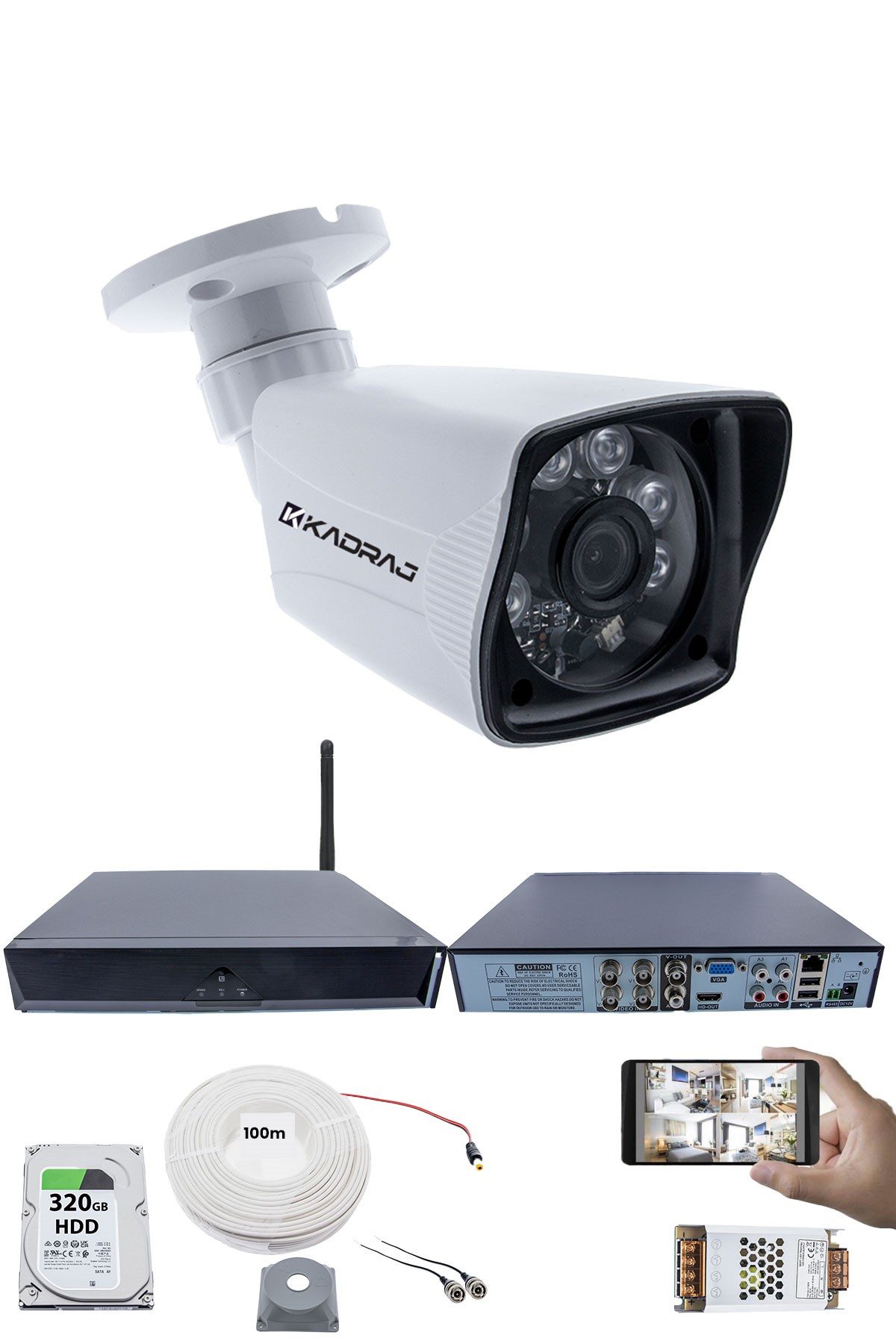 Kadraj 1 Kameralı Güvenlik Seti - 5MP Sony SecuLens, 1080P Full HD AHD, 6 Atom LED, Gece Görüşlü, 5MP DVR + WiFi Adaptörü, V1
