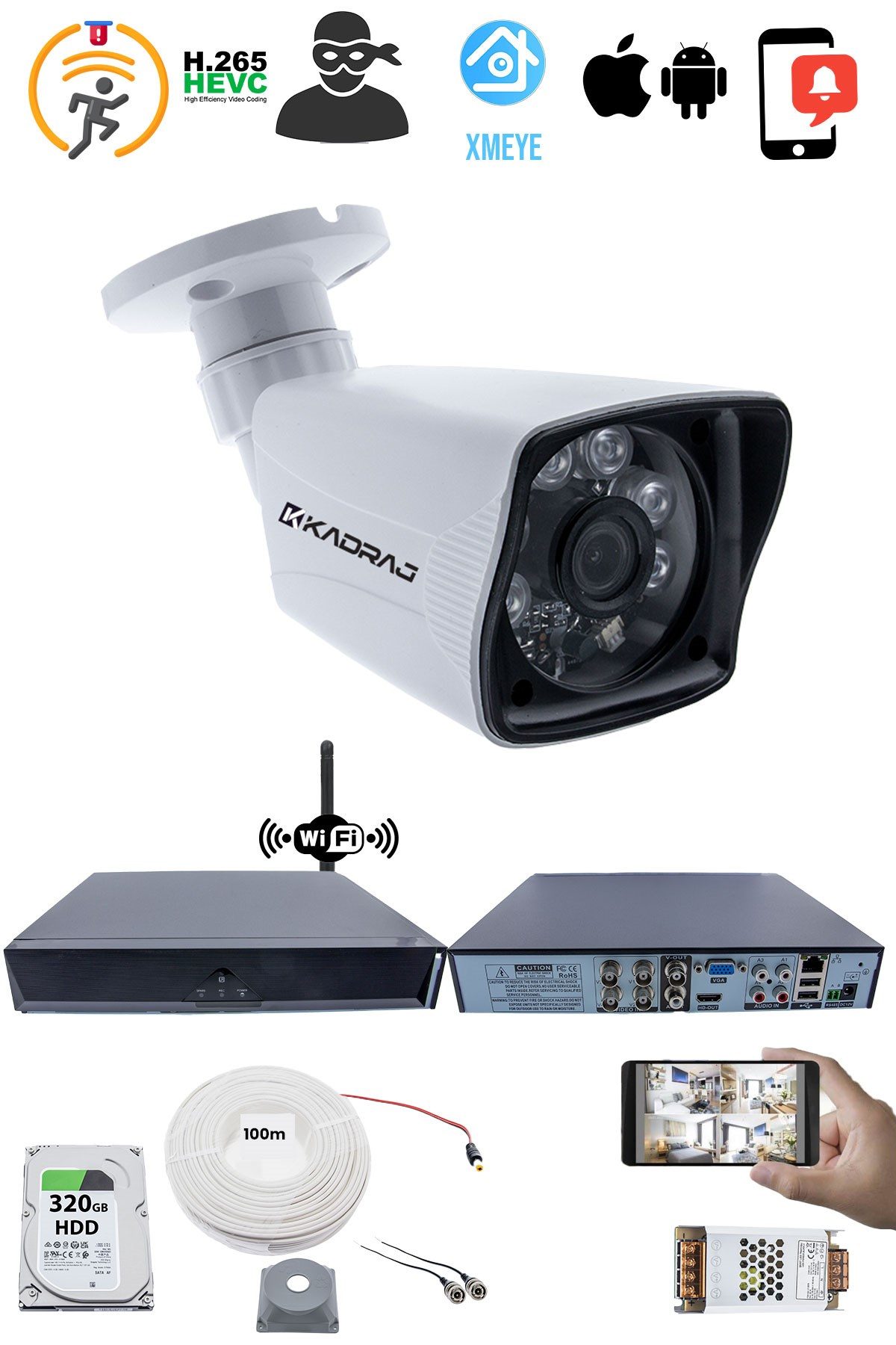 Kadraj 1 Kameralı Güvenlik Seti - 5MP Sony SecuLens, 1080P Full HD AHD, 6 Atom LED, Gece Görüşlü, 5MP DVR + WiFi Adaptörü, V1 - görsel 2