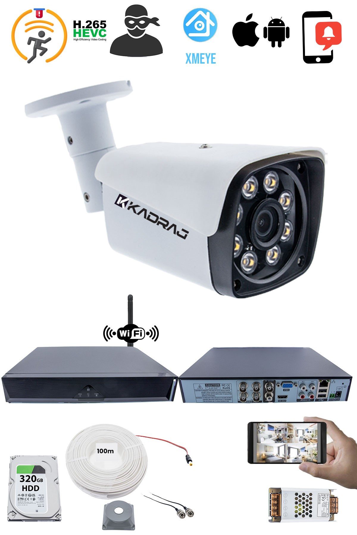 Kadraj 1 Kameralı Güvenlik Seti - 5MP Sony SecuLens, 1080P Full HD AHD, Gece Renkli Görüş, 8 Ultra Warm LED, 5MP DVR + WiFi Adaptörü, V1 - görsel 2
