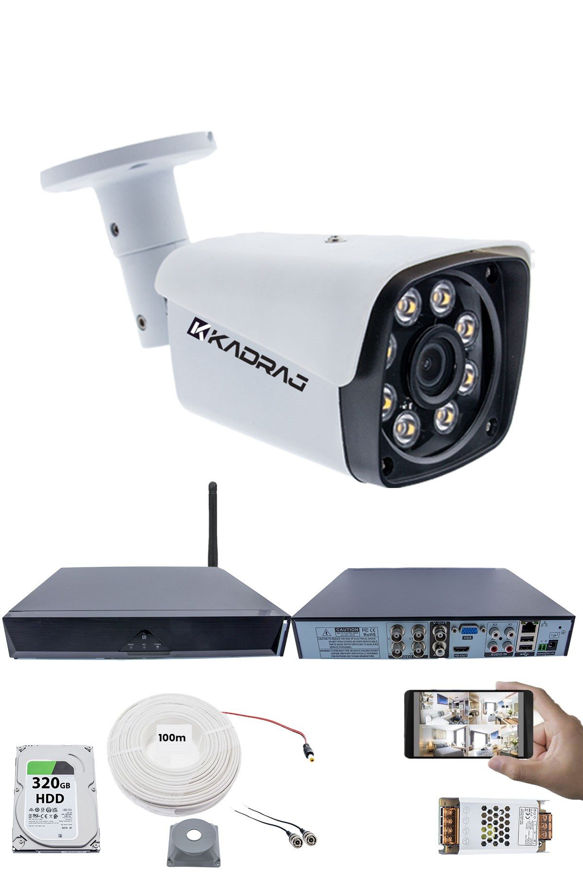 Kadraj 1 Kameralı Güvenlik Seti - 5MP Sony SecuLens, 1080P Full HD AHD, Gece Renkli Görüş, 8 Ultra Warm LED, 5MP DVR + WiFi Adaptörü, V1