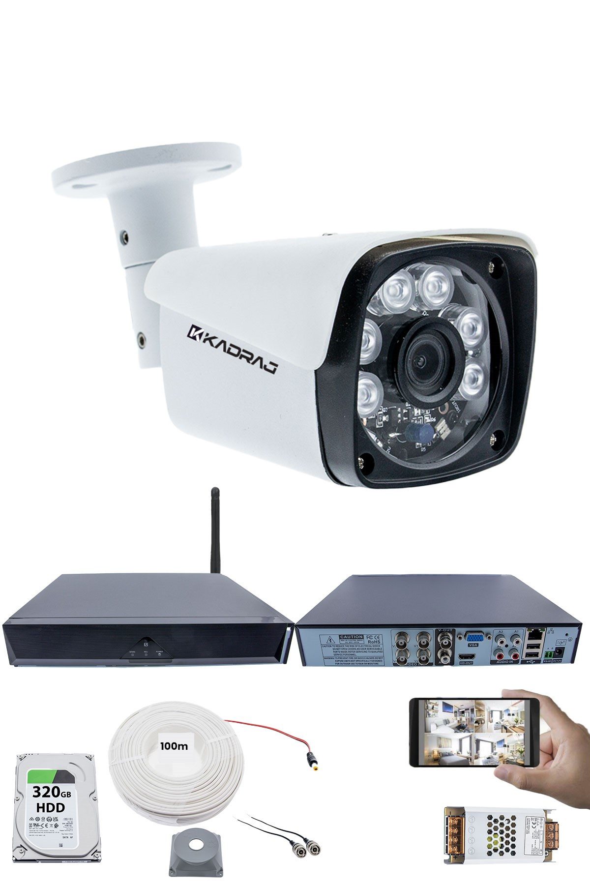 Kadraj 1 Kameralı Güvenlik Seti - 5MP Sony SecuLens, 6 Atom LED, 1080P Full HD AHD, Gece Görüşlü, 5MP DVR + WiFi Adaptörü, V1
