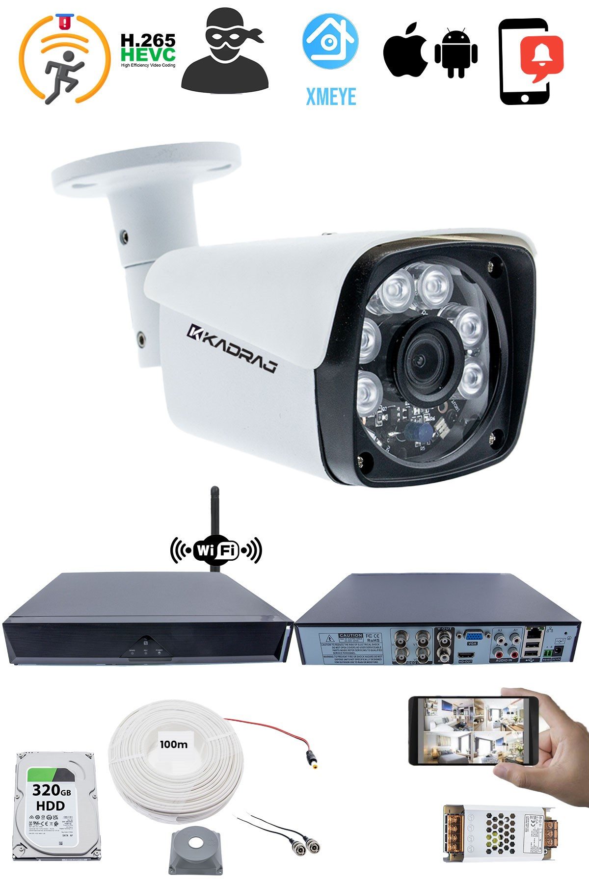 Kadraj 1 Kameralı Güvenlik Seti - 5MP Sony SecuLens, 6 Atom LED, 1080P Full HD AHD, Gece Görüşlü, 5MP DVR + WiFi Adaptörü, V1 - görsel 2