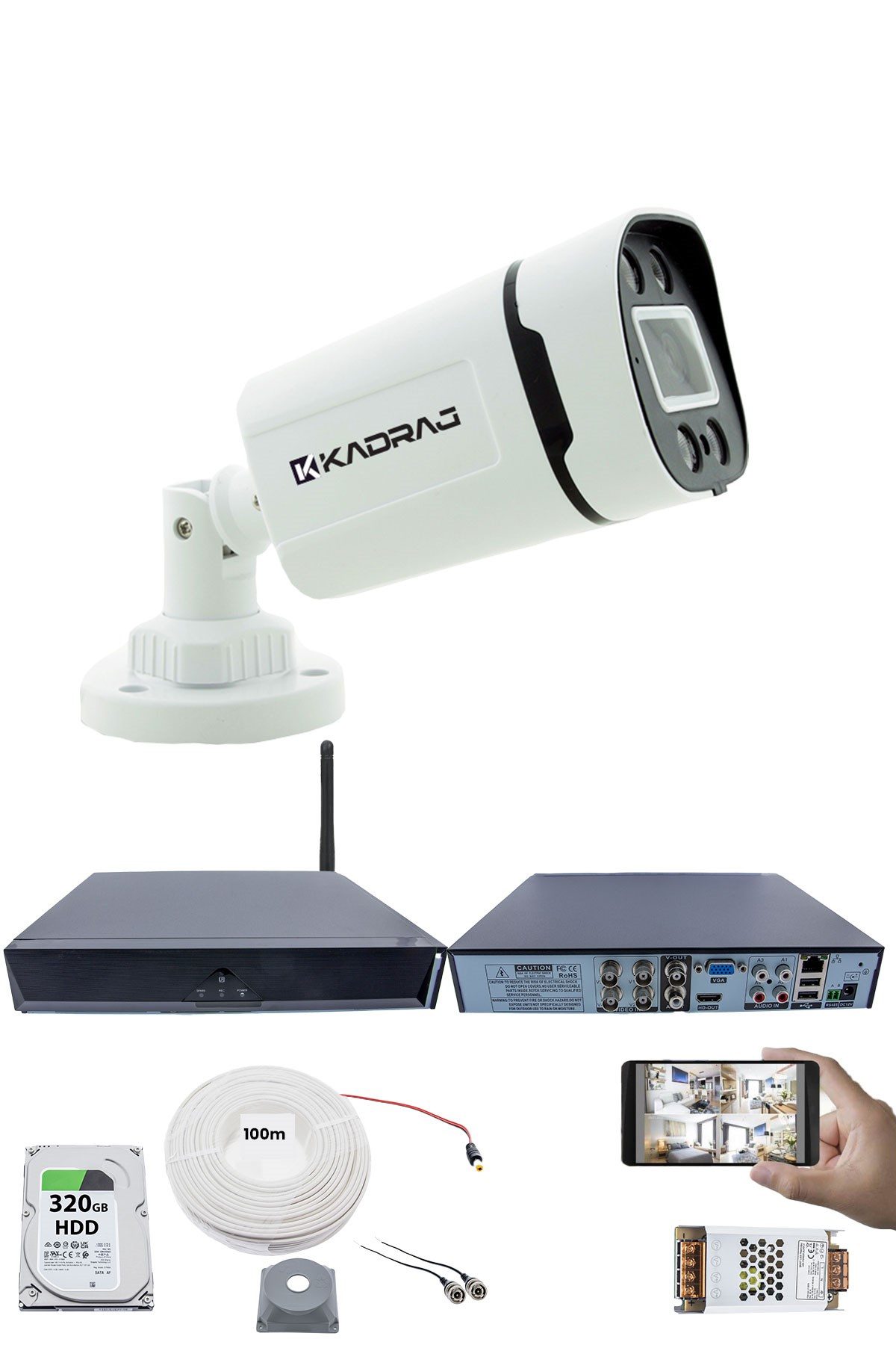 Kadraj 1 Kameralı Güvenlik Seti - Gece Renkli, 5MP Sony SecuLens, 1080P Full HD AHD, 4 Warm LED, 5MP DVR + WiFi Adaptörü