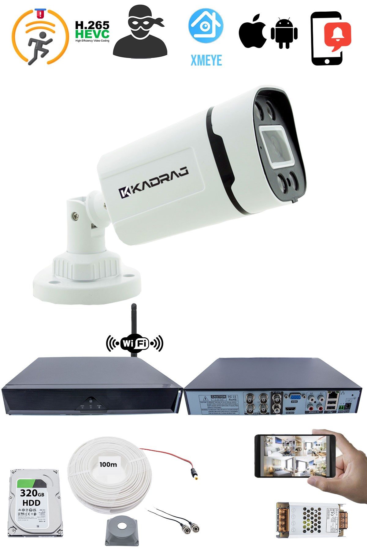Kadraj 1 Kameralı Güvenlik Seti - Gece Renkli, 5MP Sony SecuLens, 1080P Full HD AHD, 4 Warm LED, 5MP DVR + WiFi Adaptörü - görsel 2