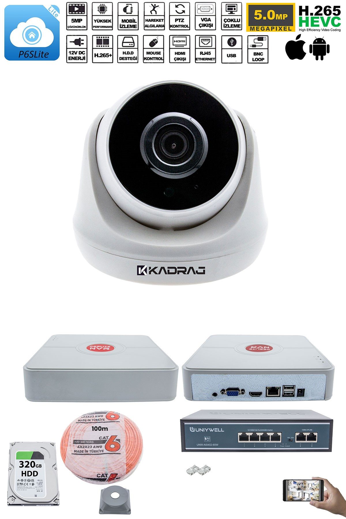Kadraj 1 Kameralı IP Dome Güvenlik Kamerası Seti | 4MP Ultra HD, 30m Gece Görüş, Ses Alma, Uzaktan İzleme - görsel 2