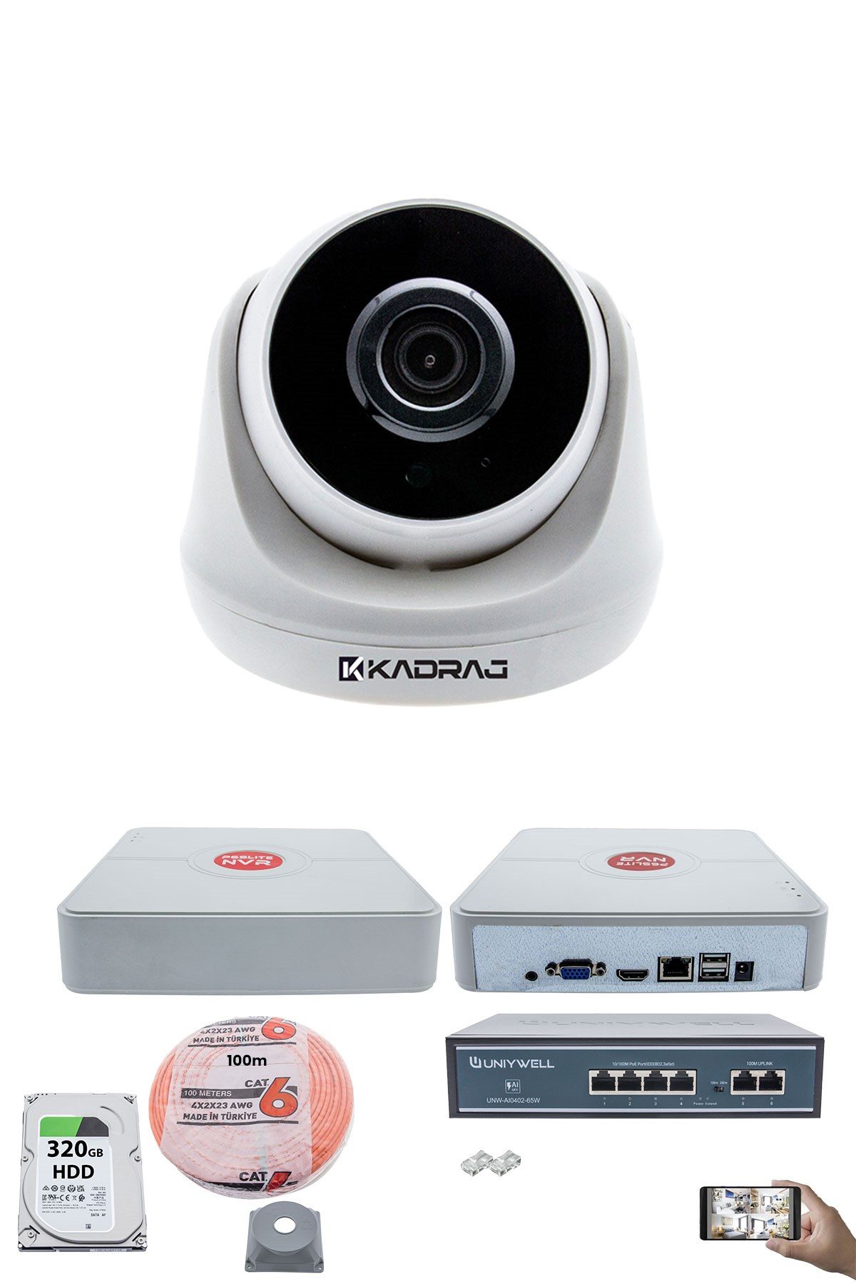 Kadraj 1 Kameralı IP Dome Güvenlik Kamerası Seti | 4MP Ultra HD, 30m Gece Görüş, Ses Alma, Uzaktan İzleme