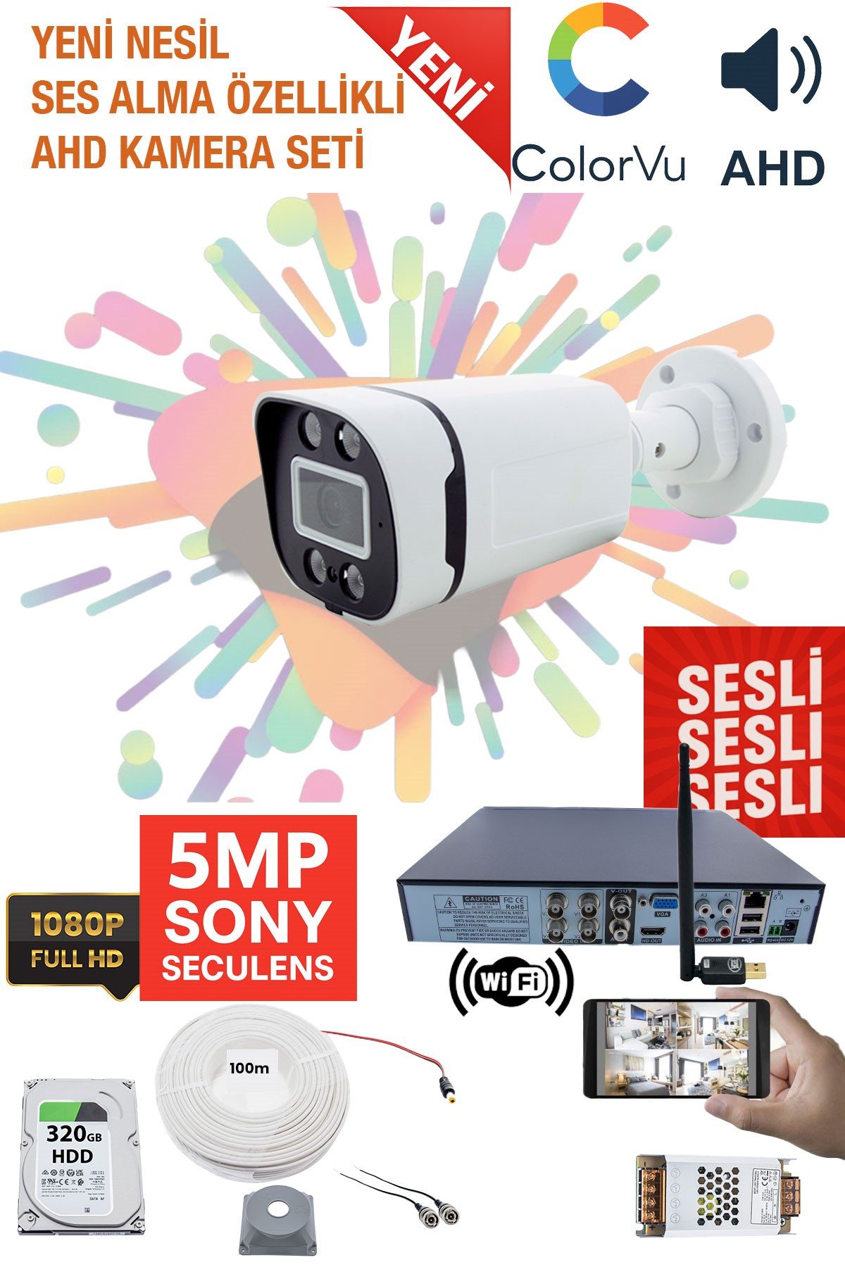 Kadraj 1 Kameralı Sesli Güvenlik Kamera Seti - Gece Renkli, 5MP Sony SecuLens, 1080P Full HD AHD, 4 Warm LED, 5MP DVR + WiFi Adaptörü