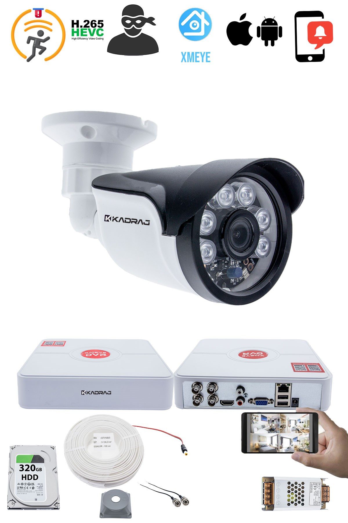 Kadraj 1 Kameralı Set - 5MP Sony SecuLensli 1080p Full HD AHD, 6 Atom LED, Gece Görüşlü, IP66 Plastik Kasa - görsel 2