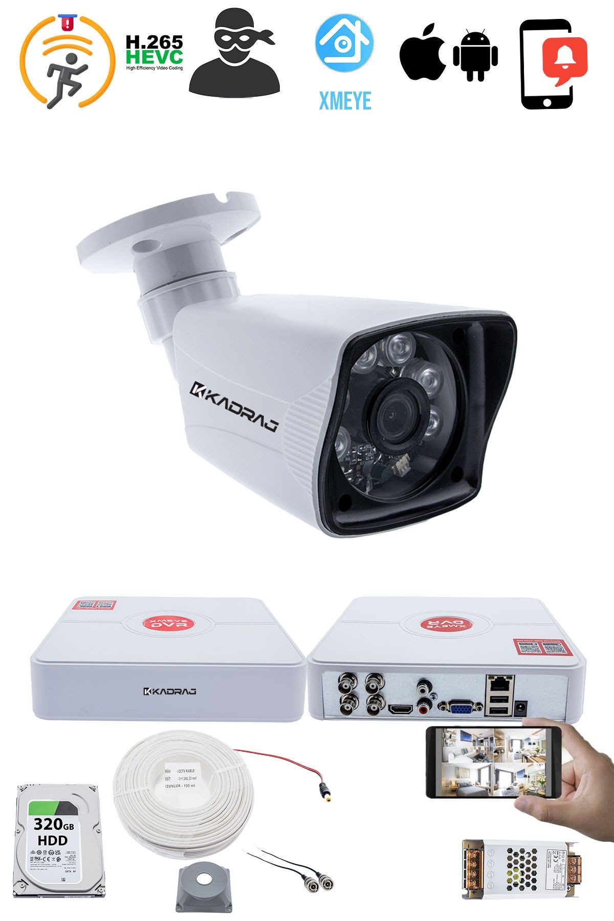 Kadraj 1 Kameralı Set - 5MP Sony SecuLensli 1080P Full HD AHD, 6 Atom LED, Gece Görüşlü, Güvenlik Kamerası, Plastik Kasa - görsel 2