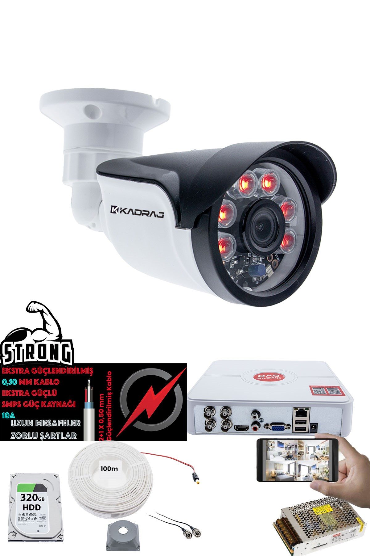Kadraj 1 Kameralı Set - 5MP Sony SecuLensli 1080p Full HD AHD, 6 Atom LED, Gece Görüşlü, IP66 Plastik Kasa