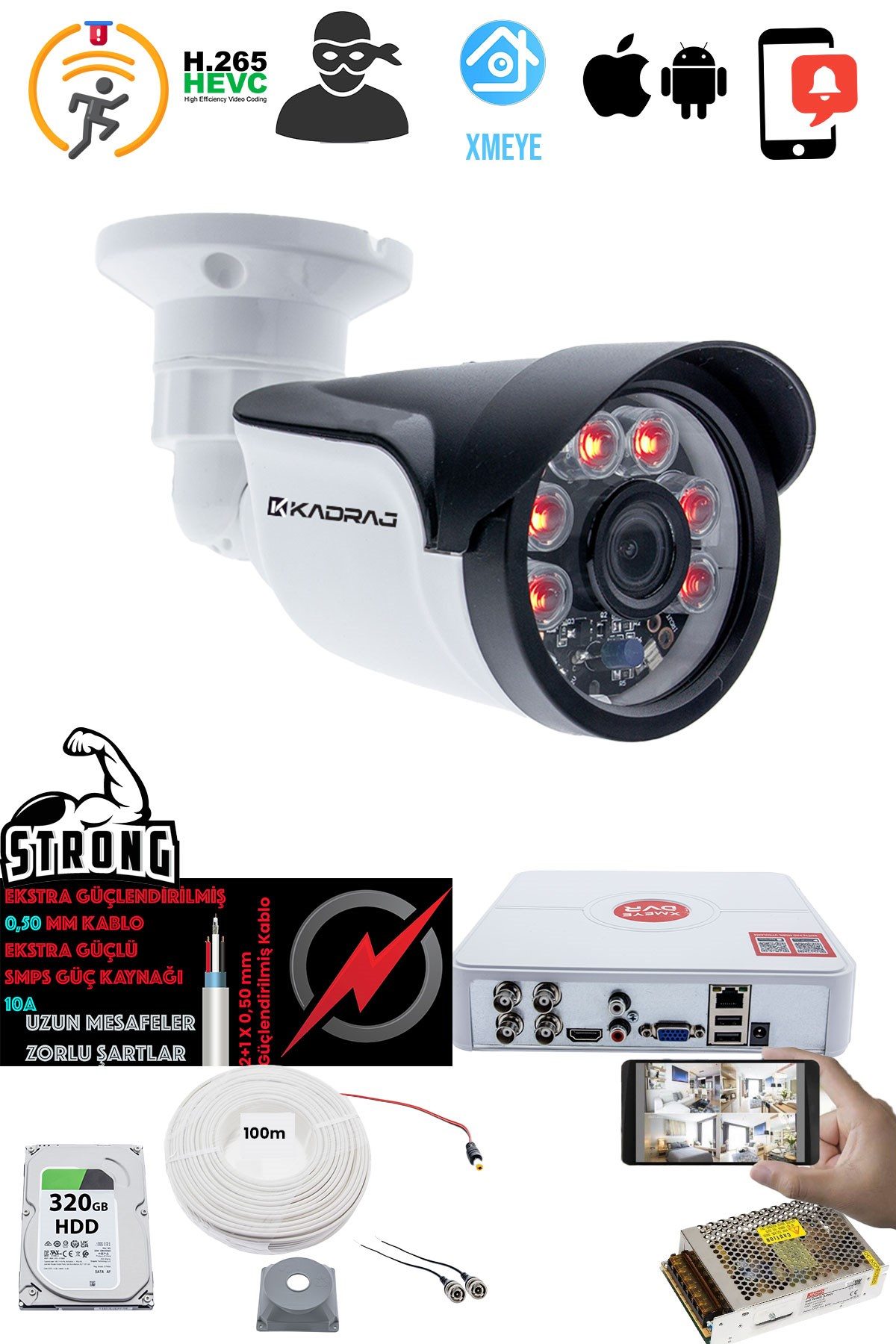Kadraj 1 Kameralı Set - 5MP Sony SecuLensli 1080p Full HD AHD, 6 Atom LED, Gece Görüşlü, IP66 Plastik Kasa - görsel 2