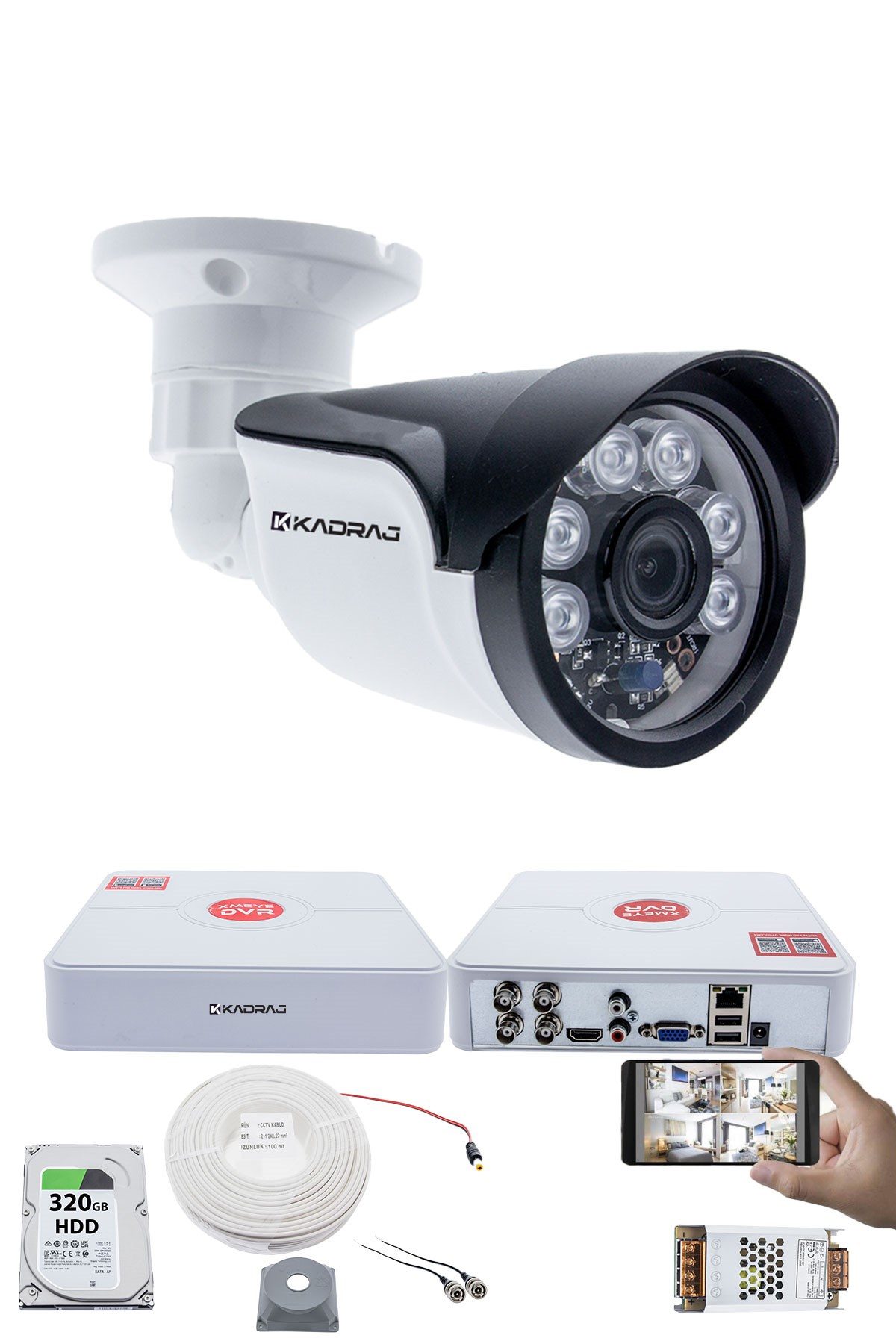 Kadraj 1 Kameralı Set - 5MP Sony SecuLensli 1080p Full HD AHD, 6 Atom LED, Gece Görüşlü, IP66 Plastik Kasa