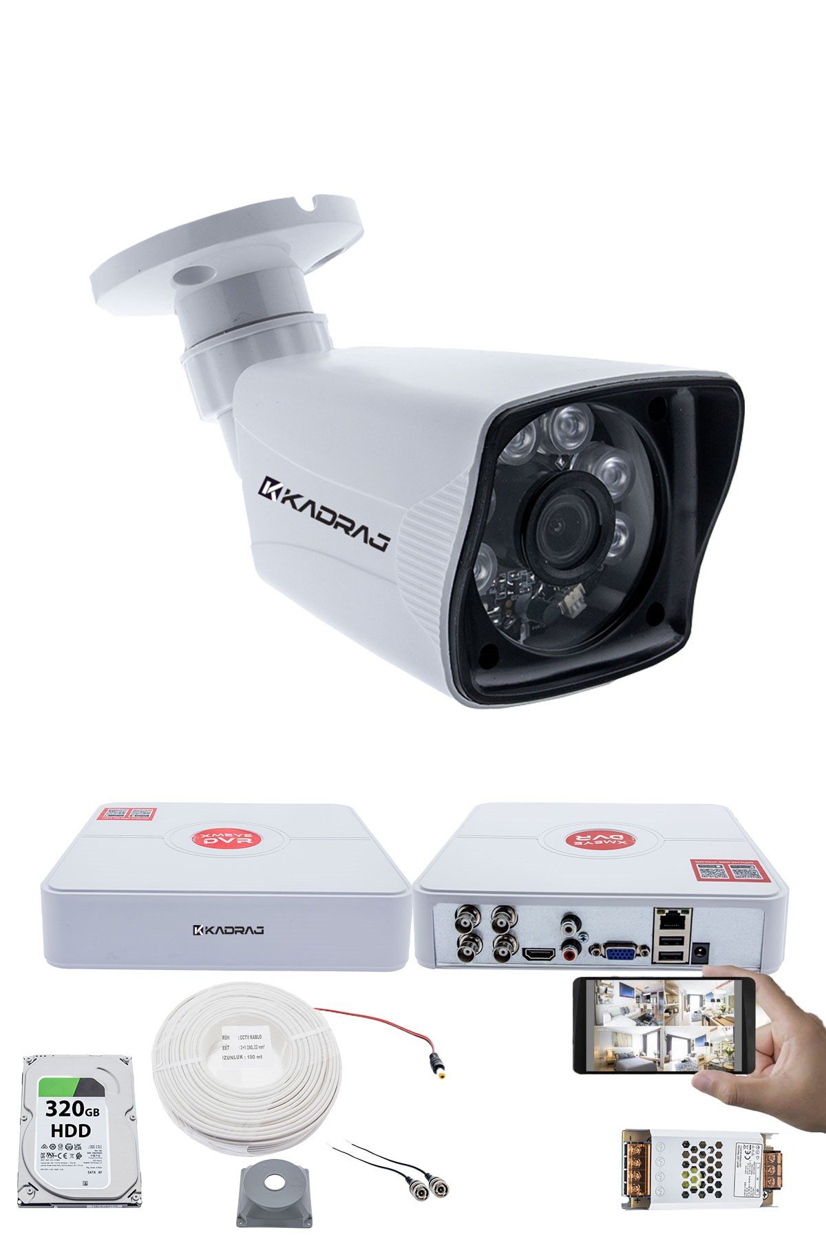 Kadraj 1 Kameralı Set - 5MP Sony SecuLensli 1080P Full HD AHD, 6 Atom LED, Gece Görüşlü, Güvenlik Kamerası, Plastik Kasa