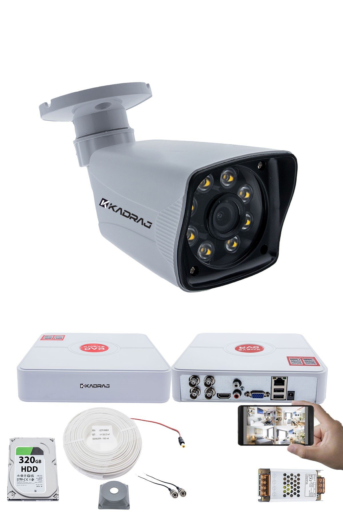 Kadraj 1 Kameralı Set - 5MP Sony SecuLensli 1080p Full HD AHD,8 Ultra Warm, Gece Renkli, LED Güvenlik Kamerası, Plastik Kasa