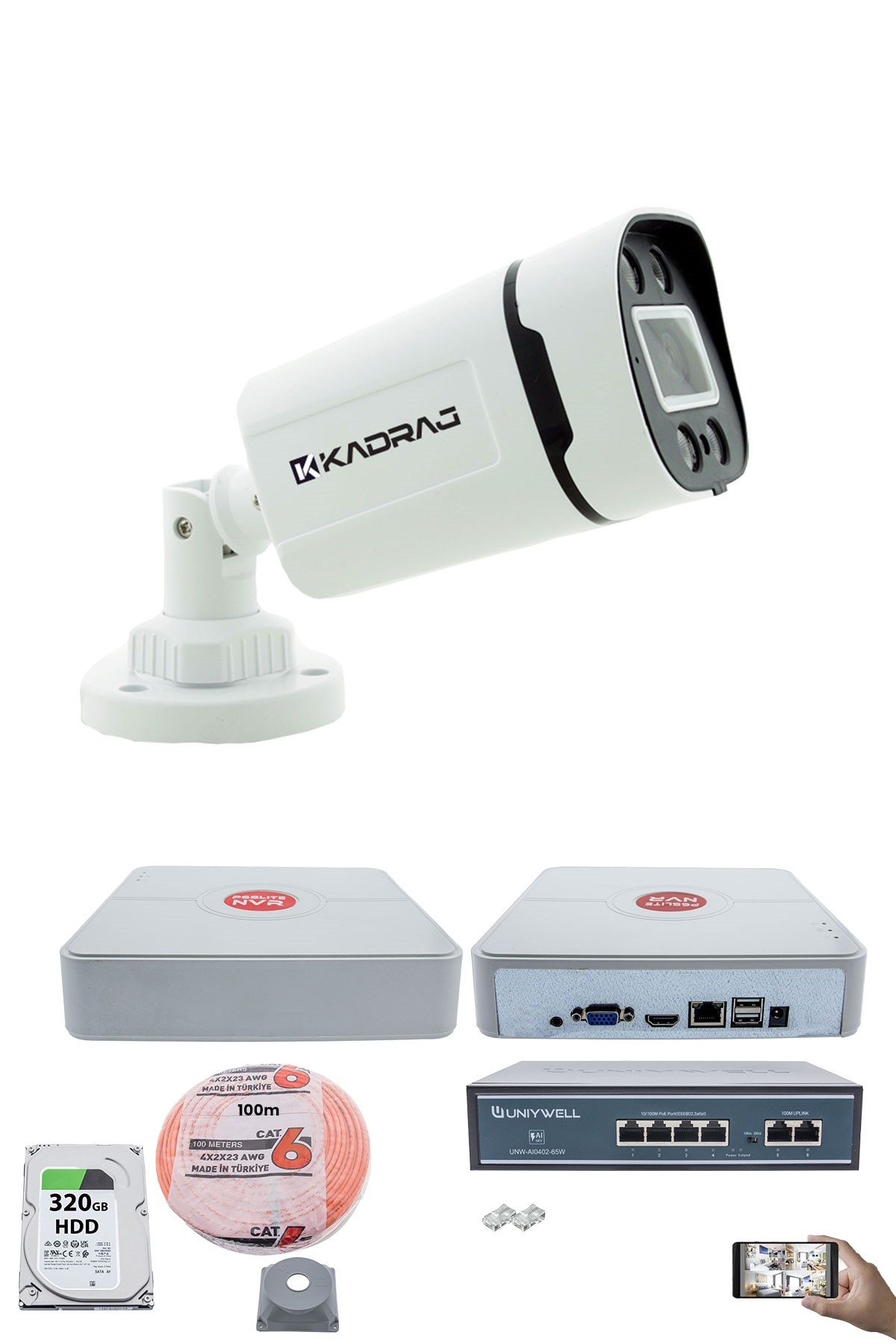Kadraj 1'li Güvenlik IP Kamera Seti - 4MP Dış Mekan Kamera H42, 3.6mm Lens, H.265, PoE, Warm IR Gece Görüşü, 9 Kanal NVR, 4 Port PoE Switch, 320GB HDD,