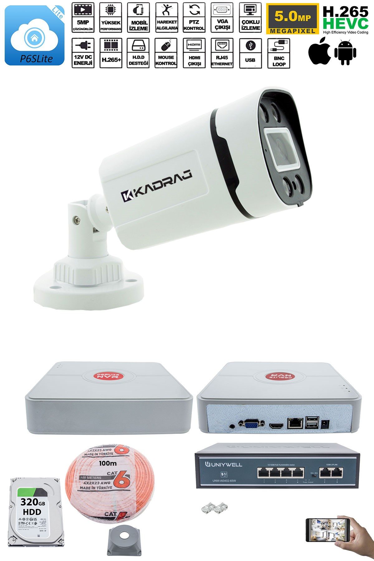 Kadraj 1'li Güvenlik IP Kamera Seti - 4MP Dış Mekan Kamera H42, 3.6mm Lens, H.265, PoE, Warm IR Gece Görüşü, 9 Kanal NVR, 4 Port PoE Switch, 320GB HDD, - görsel 2