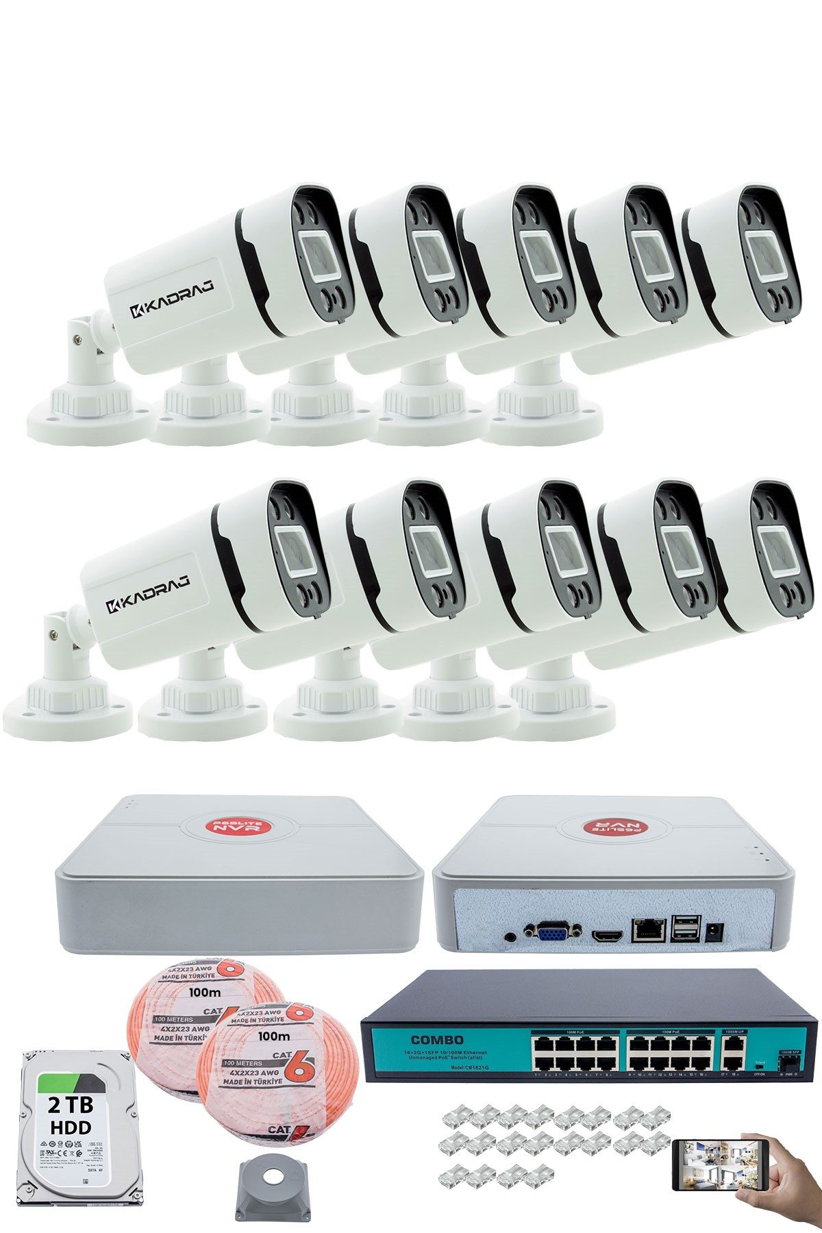 Kadraj 10 Kameralı Güvenlik IP Kamera Seti - 4MP Dış Mekan Kamera, 3.6mm Lens, H.265+, PoE, Gece Renkli Görüş, 16 Kanal NVR, 16 Port PoE Switch, 2TB HDD