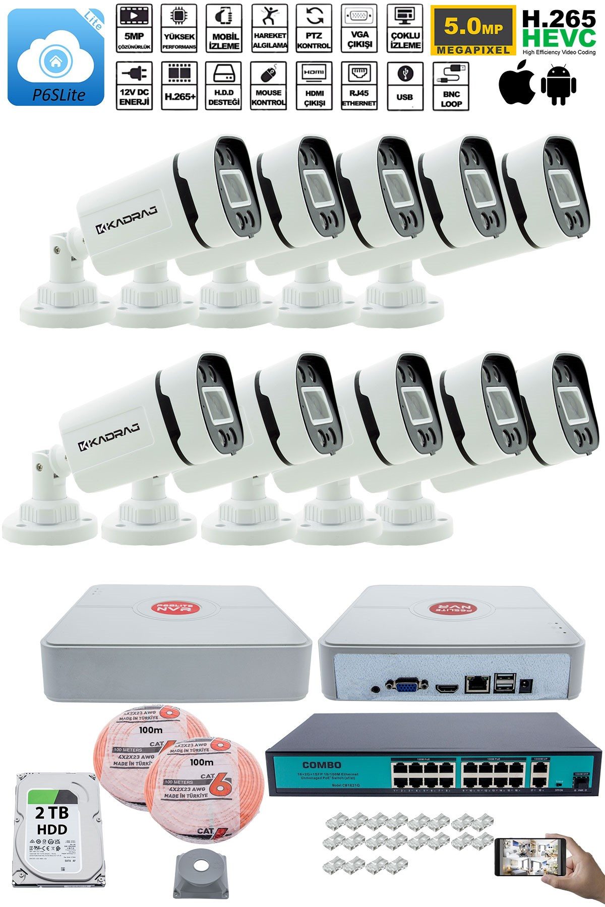 Kadraj 10 Kameralı Güvenlik IP Kamera Seti - 4MP Dış Mekan Kamera, 3.6mm Lens, H.265+, PoE, Gece Renkli Görüş, 16 Kanal NVR, 16 Port PoE Switch, 2TB HDD - görsel 2