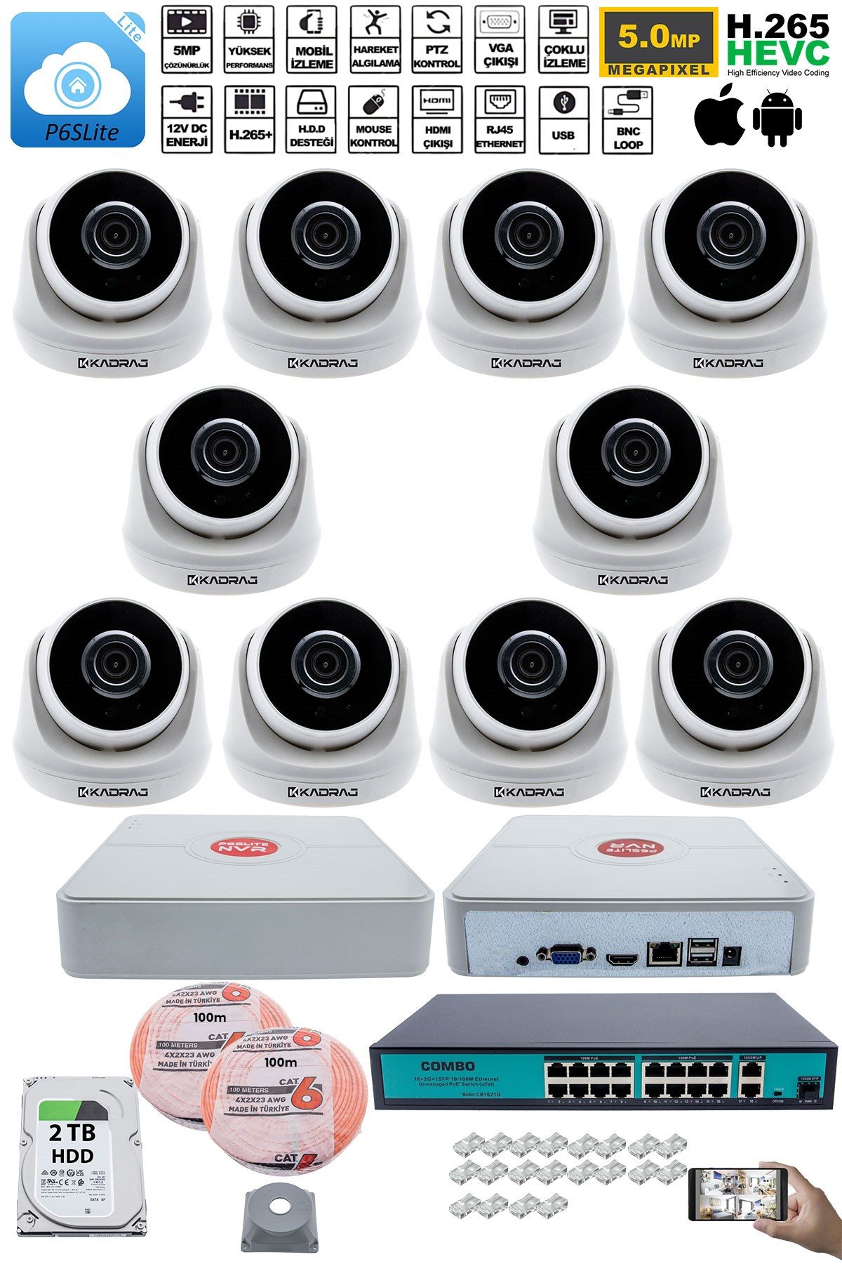 Kadraj 10 Kameralı IP Dome Güvenlik Kamerası Seti | 4MP Ultra HD, 30m Gece Görüş, Ses Alma, Uzaktan İzleme + 2TB H.D.D + 200M Cat 6 - görsel 2