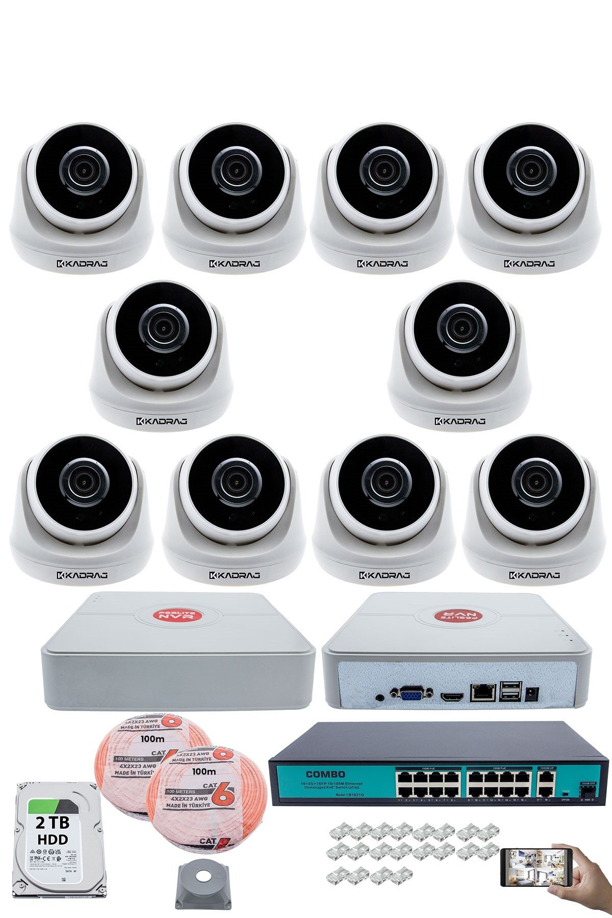 Kadraj 10 Kameralı IP Dome Güvenlik Kamerası Seti | 4MP Ultra HD, 30m Gece Görüş, Ses Alma, Uzaktan İzleme + 2TB H.D.D + 200M Cat 6