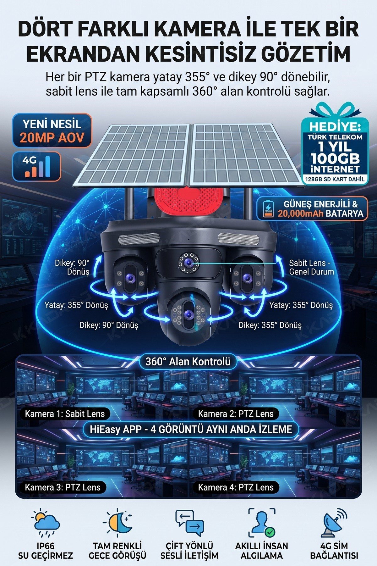 Kadraj 100GB TURK TELEKOM HER AY + 4 Kameralı (3 Hareketli + 1 Sabit) + Alarm + Çakar + AI + 128GB SD Kart - görsel 4