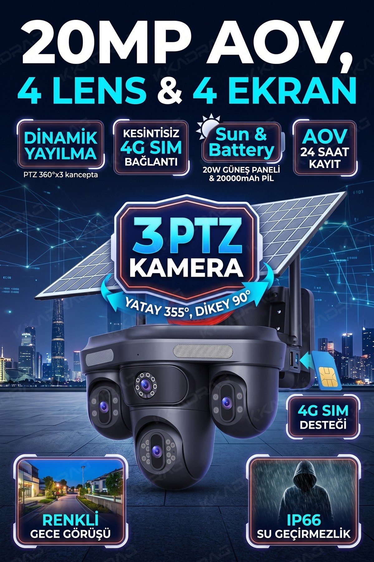 Kadraj 100GB TURK TELEKOM HER AY + 4 Kameralı (3 Hareketli + 1 Sabit) + Alarm + Çakar + AI + 128GB SD Kart - görsel 2