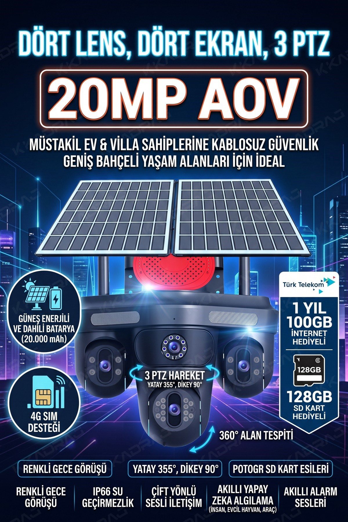 Kadraj 100GB TURK TELEKOM HER AY + 4 Kameralı (3 Hareketli + 1 Sabit) + Alarm + Çakar + AI + 128GB SD Kart - görsel 9