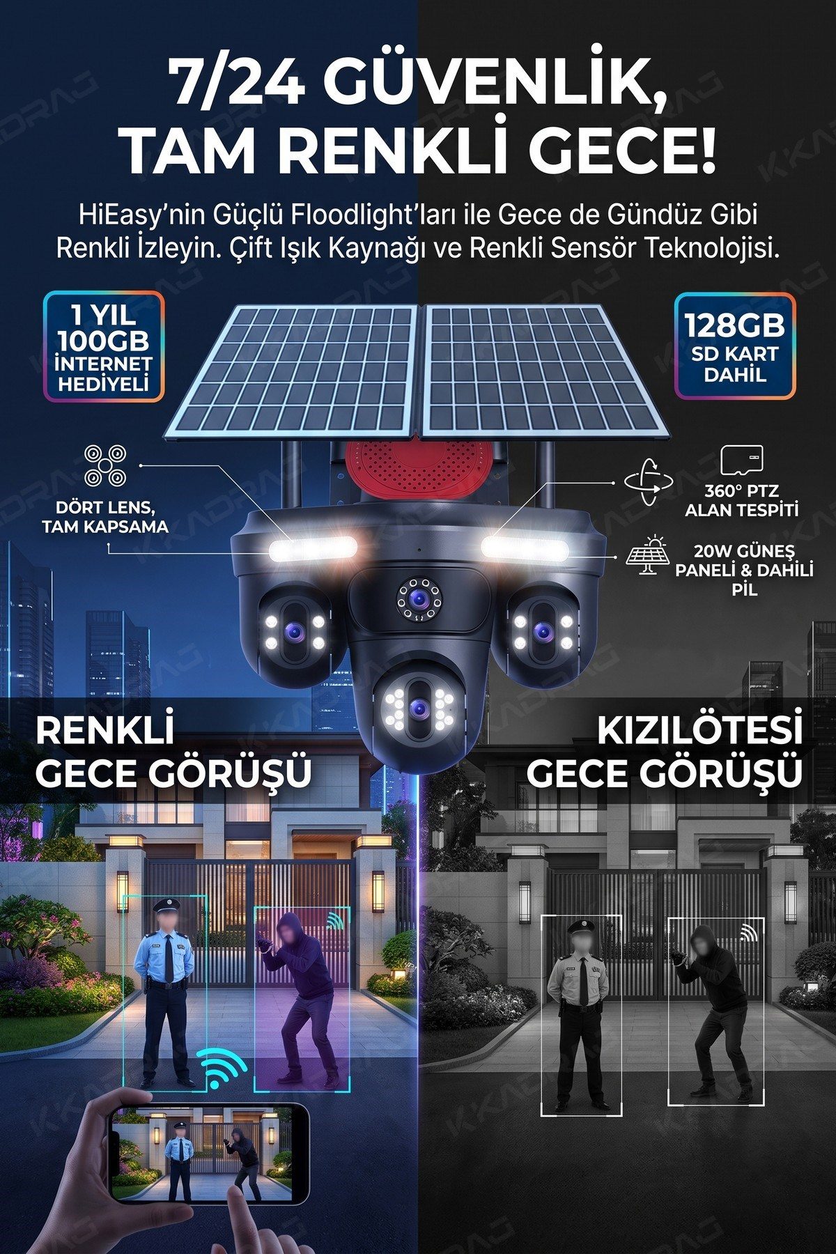 Kadraj 100GB TURK TELEKOM HER AY + 4 Kameralı (3 Hareketli + 1 Sabit) + Alarm + Çakar + AI + 128GB SD Kart - görsel 3
