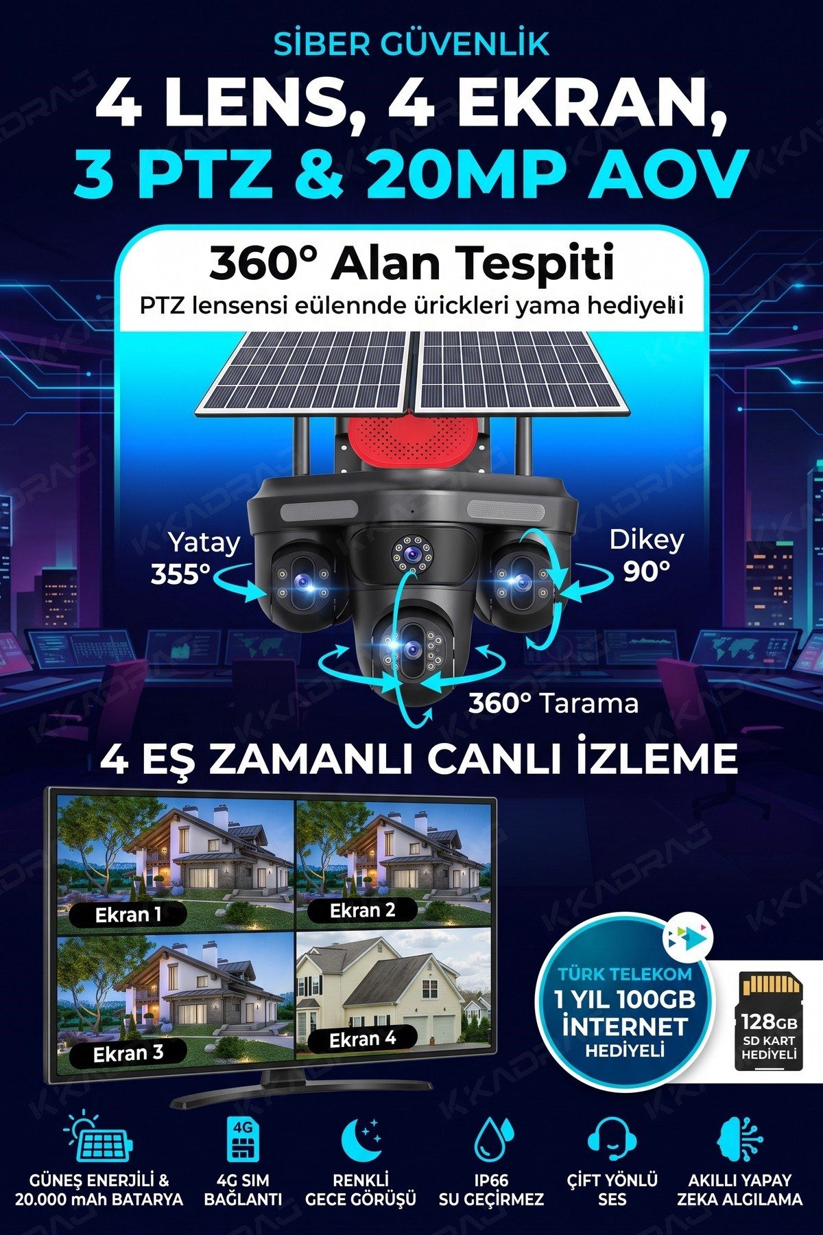 Kadraj 100GB TURK TELEKOM HER AY + 4 Kameralı (3 Hareketli + 1 Sabit) + Alarm + Çakar + AI + 128GB SD Kart - görsel 10