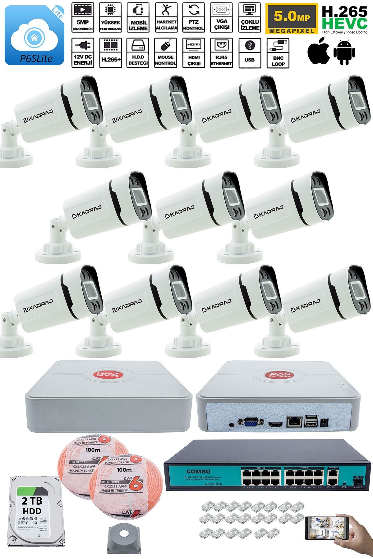 Kadraj 11 Kameralı Güvenlik IP Kamera Seti - 4MP Dış Mekan Kamera, 3.6mm Lens, H.265+, PoE, Gece Renkli Görüş, 16 Kanal NVR, 16 Port PoE Switch, 2TB HDD - görsel 2