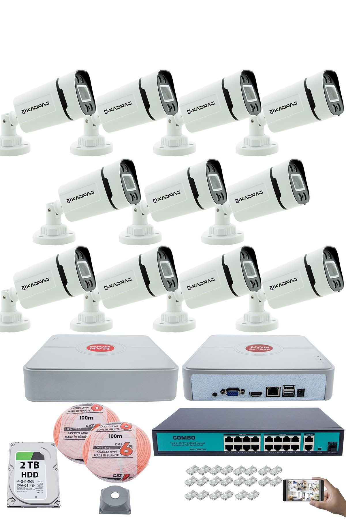 Kadraj 11 Kameralı Güvenlik IP Kamera Seti - 4MP Dış Mekan Kamera, 3.6mm Lens, H.265+, PoE, Gece Renkli Görüş, 16 Kanal NVR, 16 Port PoE Switch, 2TB HDD