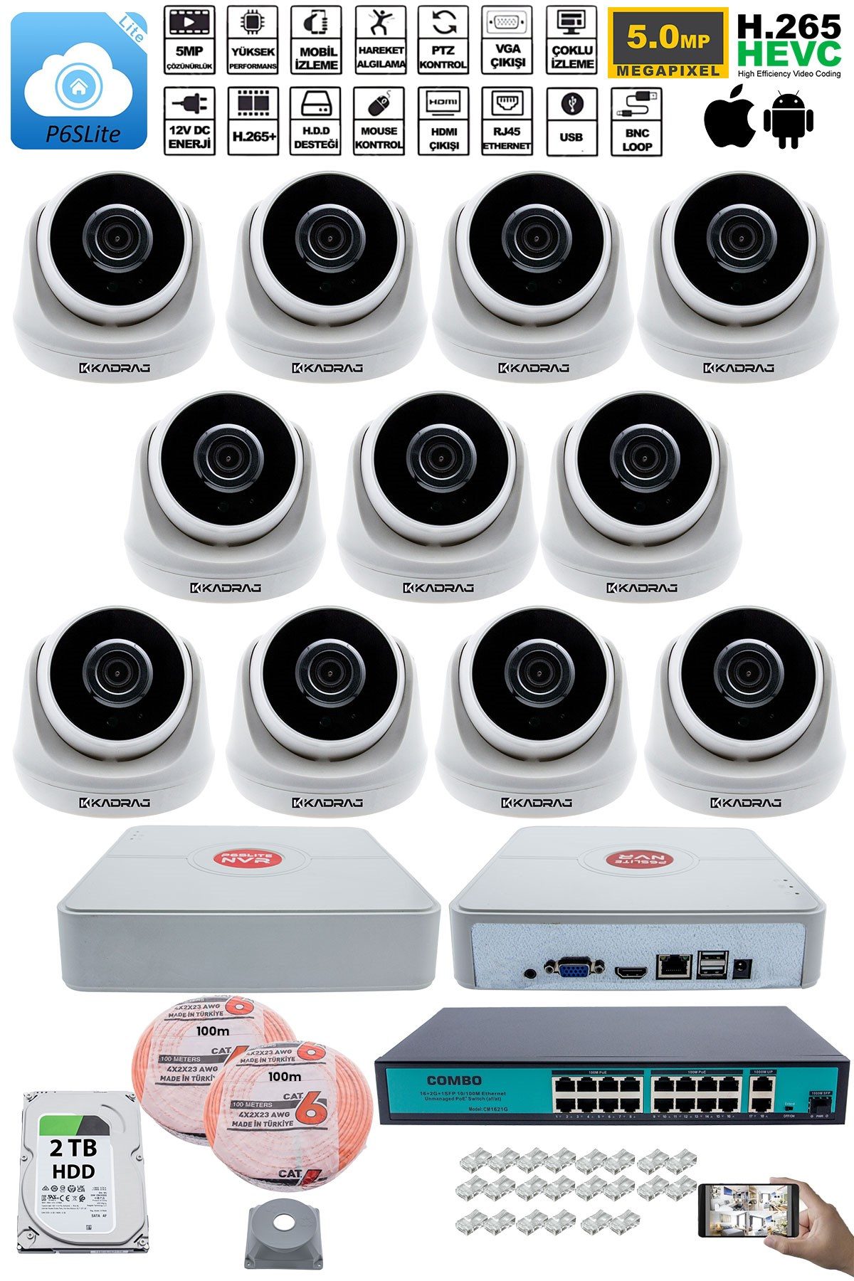 Kadraj 11 Kameralı IP Dome Güvenlik Kamerası Seti | 4MP Ultra HD, 30m Gece Görüş, Ses Alma, Uzaktan İzleme + 2TB H.D.D + 200M Cat 6 - görsel 2