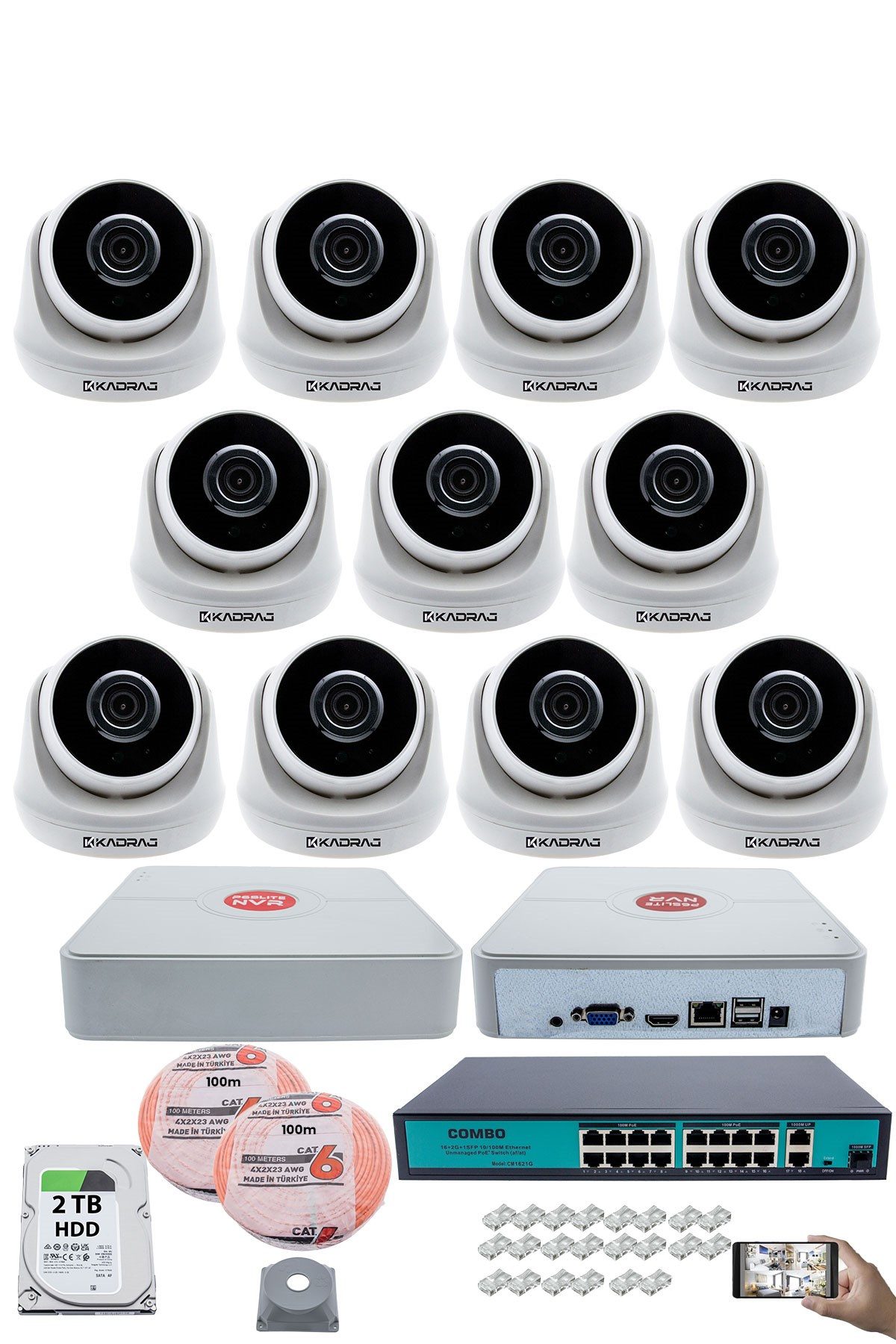 Kadraj 11 Kameralı IP Dome Güvenlik Kamerası Seti | 4MP Ultra HD, 30m Gece Görüş, Ses Alma, Uzaktan İzleme + 2TB H.D.D + 200M Cat 6