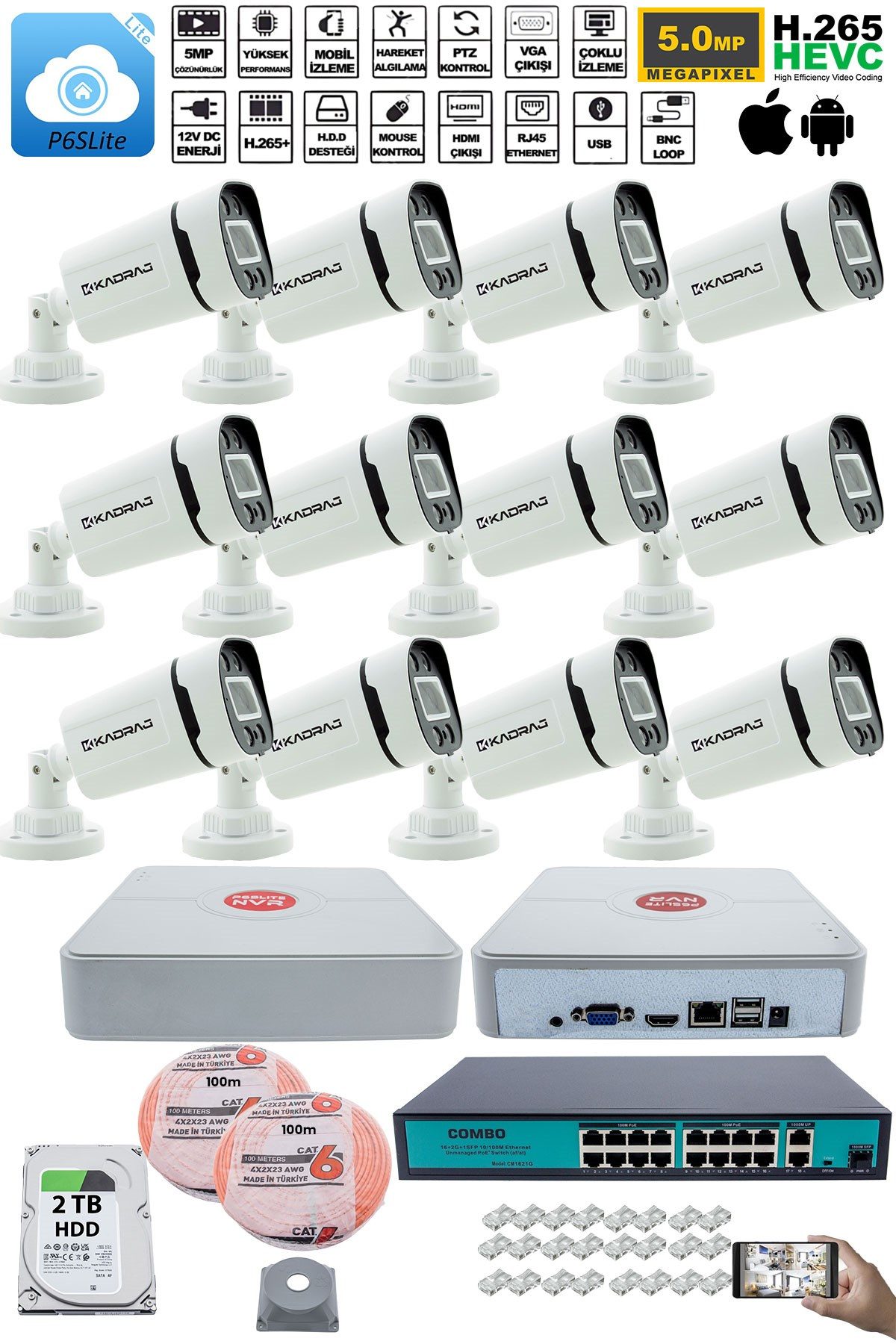 Kadraj 12 Kameralı Güvenlik IP Kamera Seti - 4MP Dış Mekan Kamera, 3.6mm Lens, H.265+, PoE, Gece Renkli Görüş, 16 Kanal NVR, 16 Port PoE Switch, 2TB HDD - görsel 2