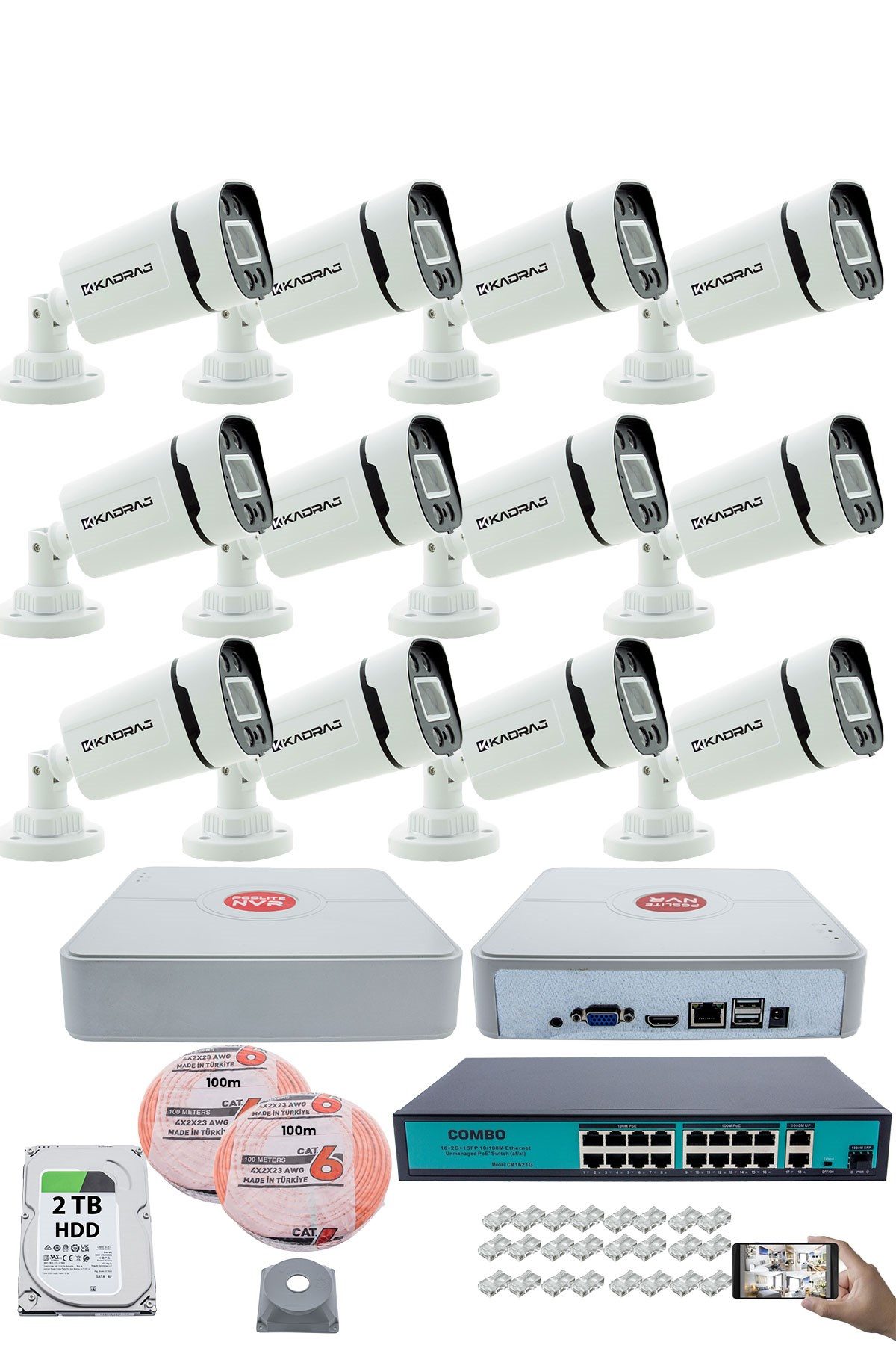 Kadraj 12 Kameralı Güvenlik IP Kamera Seti - 4MP Dış Mekan Kamera, 3.6mm Lens, H.265+, PoE, Gece Renkli Görüş, 16 Kanal NVR, 16 Port PoE Switch, 2TB HDD