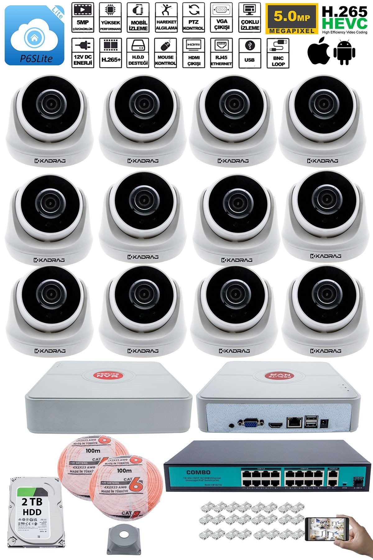 Kadraj 12 Kameralı IP Dome Güvenlik Kamerası Seti | 4MP Ultra HD, 30m Gece Görüş, Ses Alma, Uzaktan İzleme + 2TB H.D.D + 200M Cat6 - görsel 2