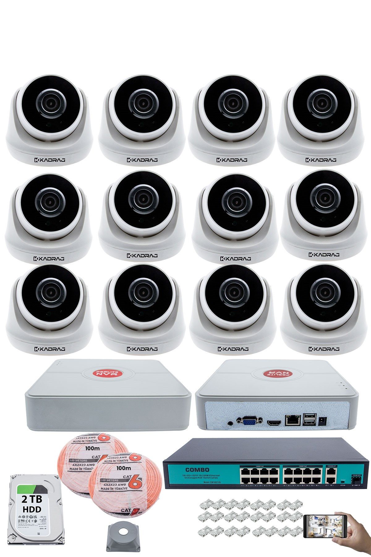 Kadraj 12 Kameralı IP Dome Güvenlik Kamerası Seti | 4MP Ultra HD, 30m Gece Görüş, Ses Alma, Uzaktan İzleme + 2TB H.D.D + 200M Cat6