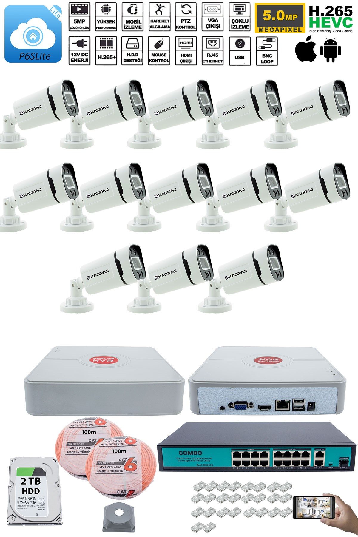 Kadraj 13 Kameralı Güvenlik IP Kamera Seti - 4MP Dış Mekan Kamera, 3.6mm Lens, H.265+, PoE, Gece Renkli Görüş, 16 Kanal NVR, 16 Port PoE Switch, 2TB HDD - görsel 2