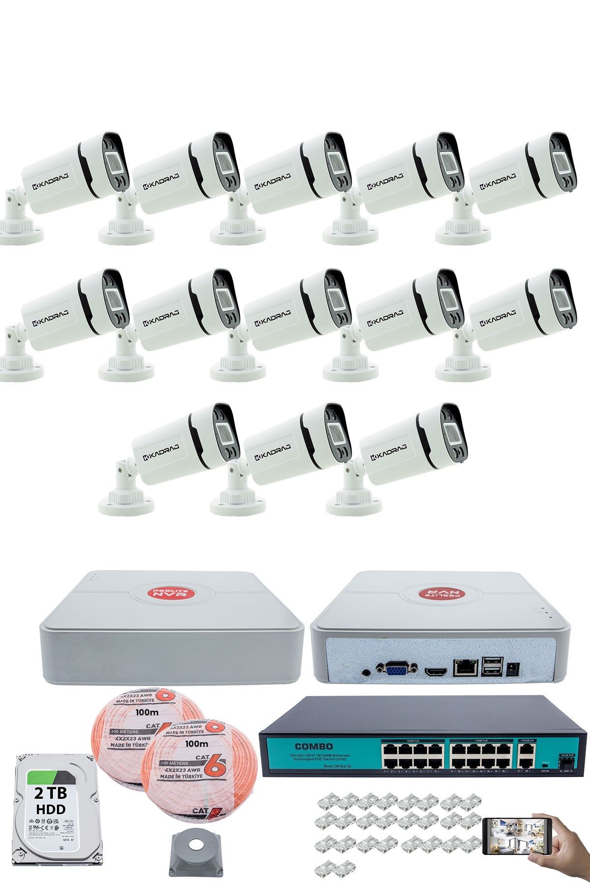 Kadraj 13 Kameralı Güvenlik IP Kamera Seti - 4MP Dış Mekan Kamera, 3.6mm Lens, H.265+, PoE, Gece Renkli Görüş, 16 Kanal NVR, 16 Port PoE Switch, 2TB HDD